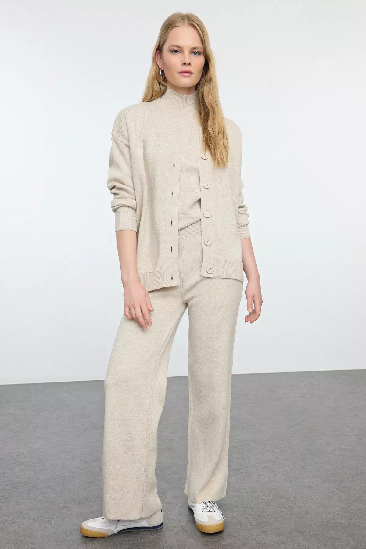 Cream V-Neck Knit Set, STONE, large image number 0