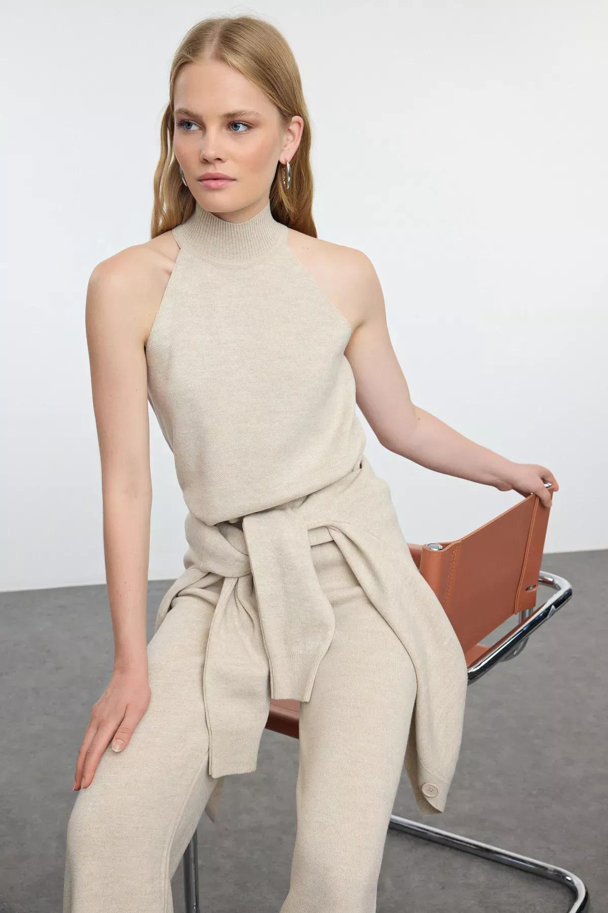 Cream V-Neck Knit Set, STONE, large image number 1