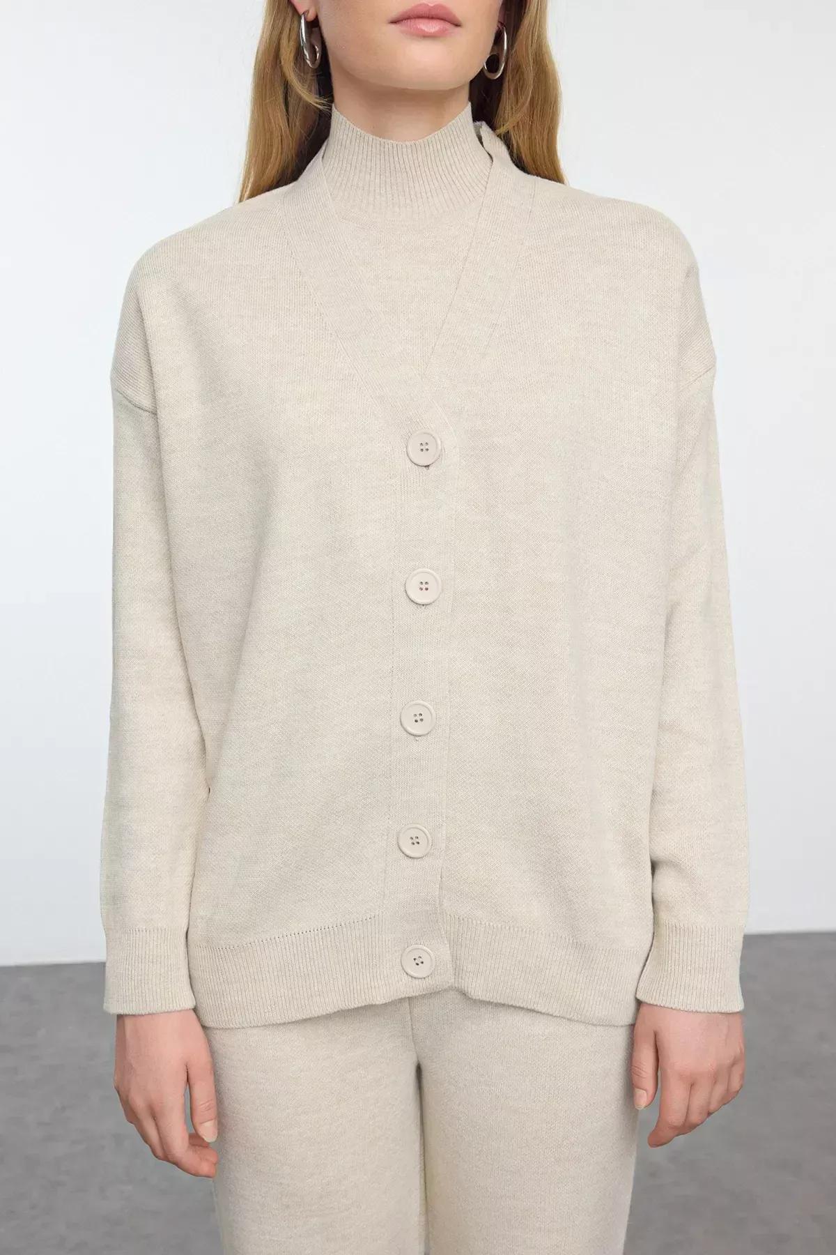 Cream V-Neck Knit Set, STONE, large image number 2