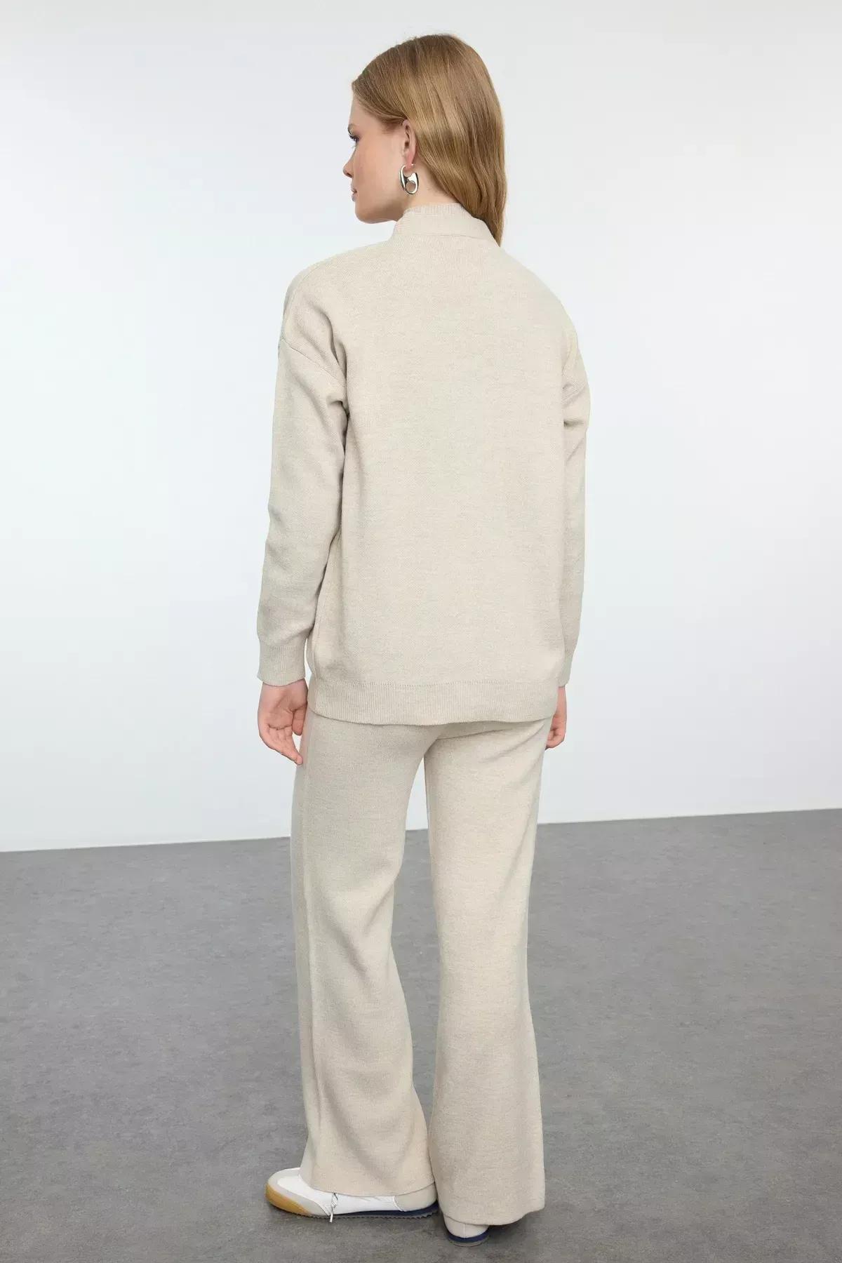 Cream V-Neck Knit Set, STONE, large image number 4