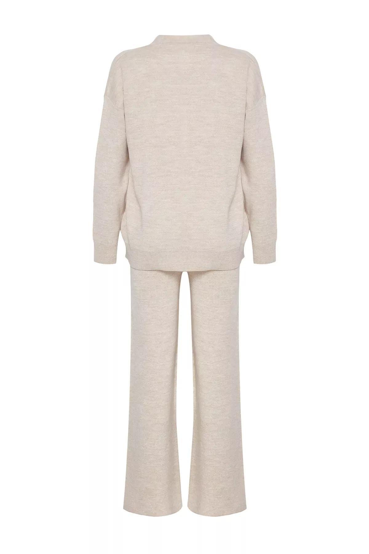 Cream V-Neck Knit Set, STONE, large image number 5