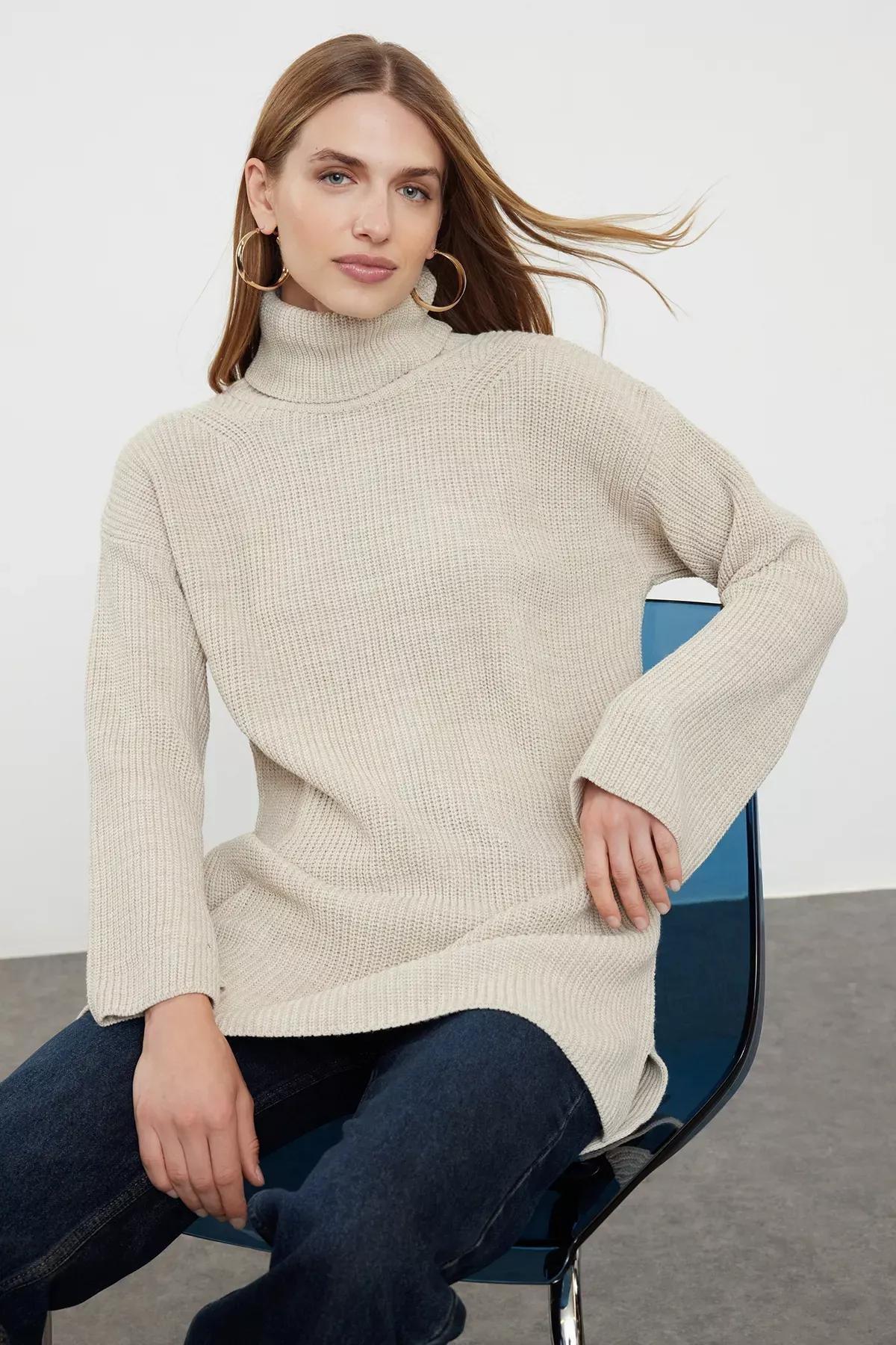Stone Textured Longline Knitwear Sweater, STONE, large image number 0