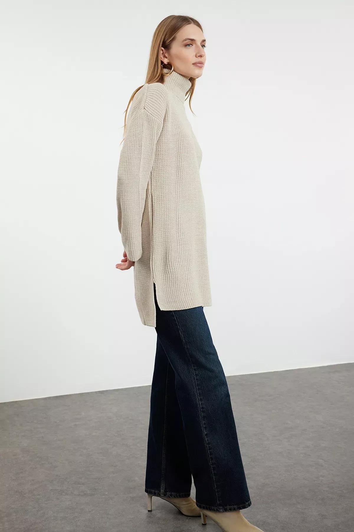 Stone Textured Longline Knitwear Sweater, STONE, large image number 1