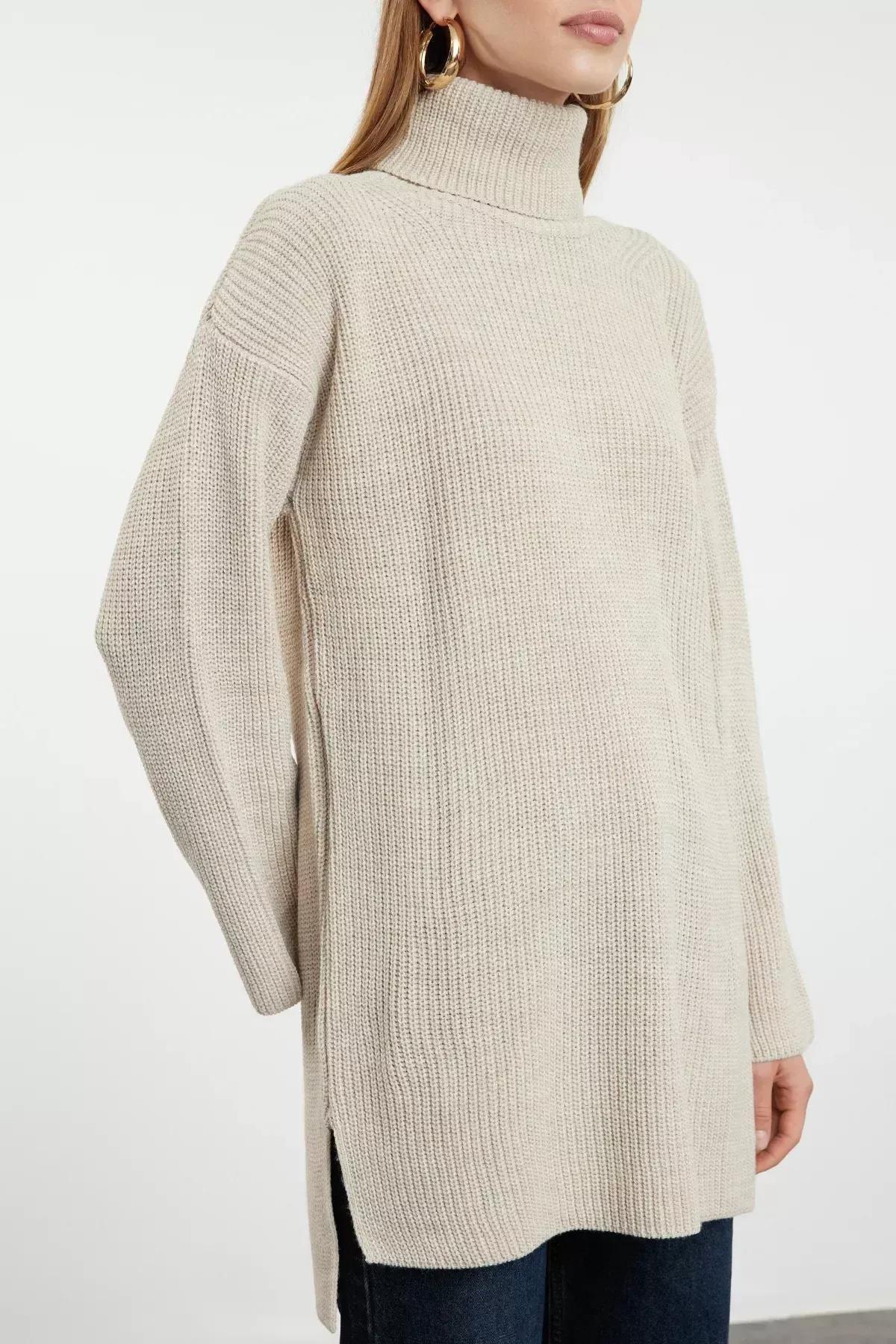 Stone Textured Longline Knitwear Sweater, STONE, large image number 2