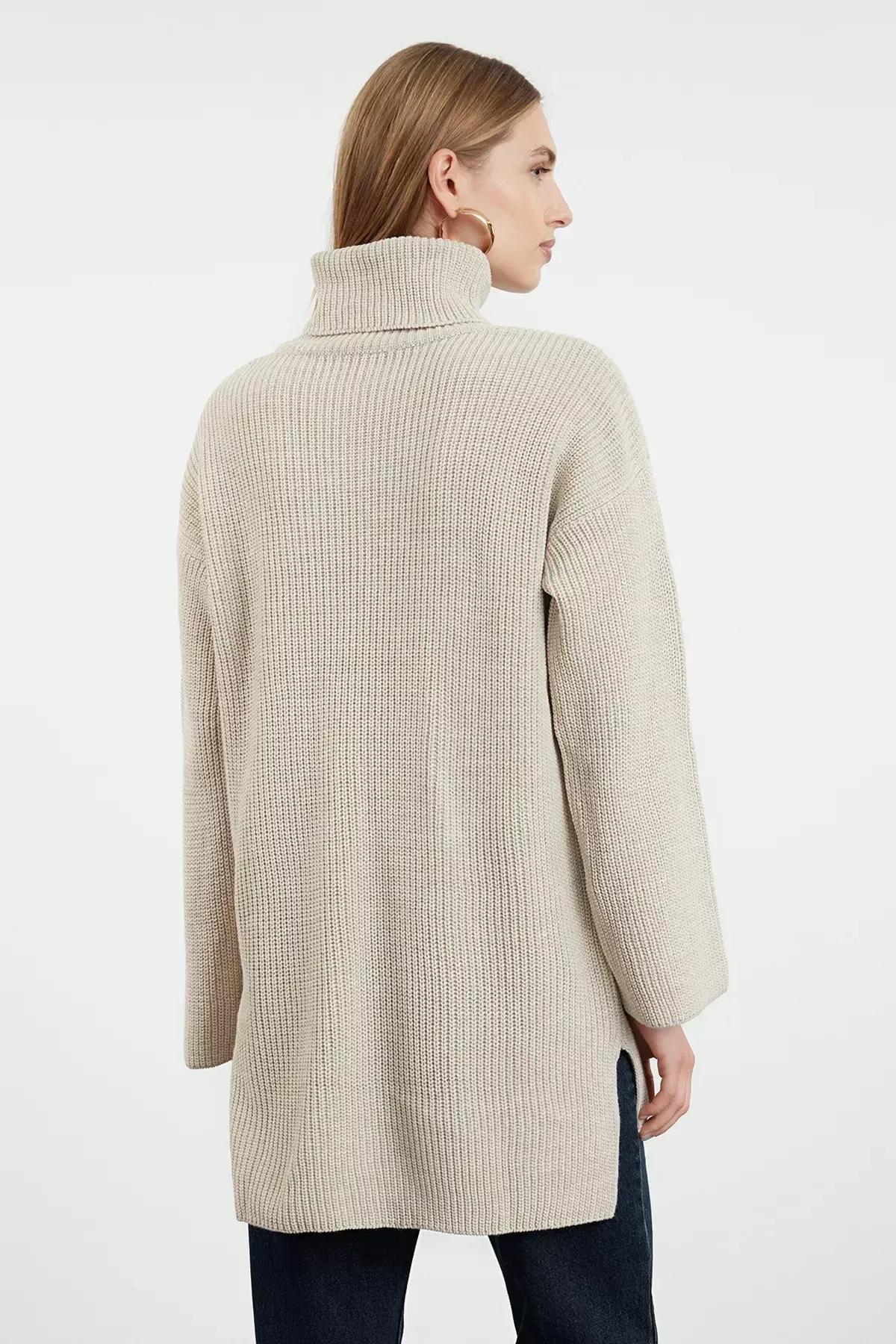 Stone Textured Longline Knitwear Sweater, STONE, large image number 4