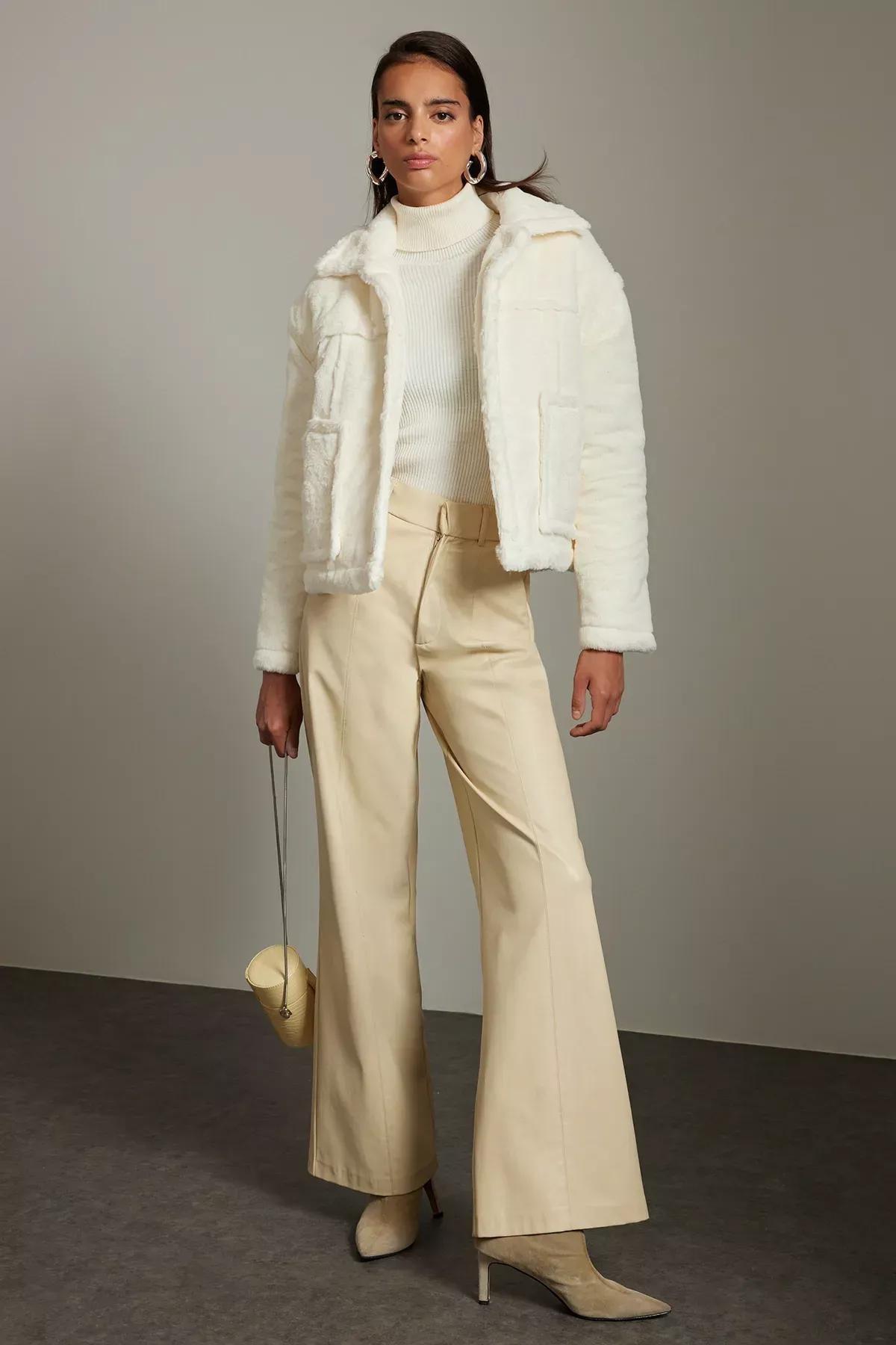 Beige Quilted Plush Oversize Coat, Ecru, medium