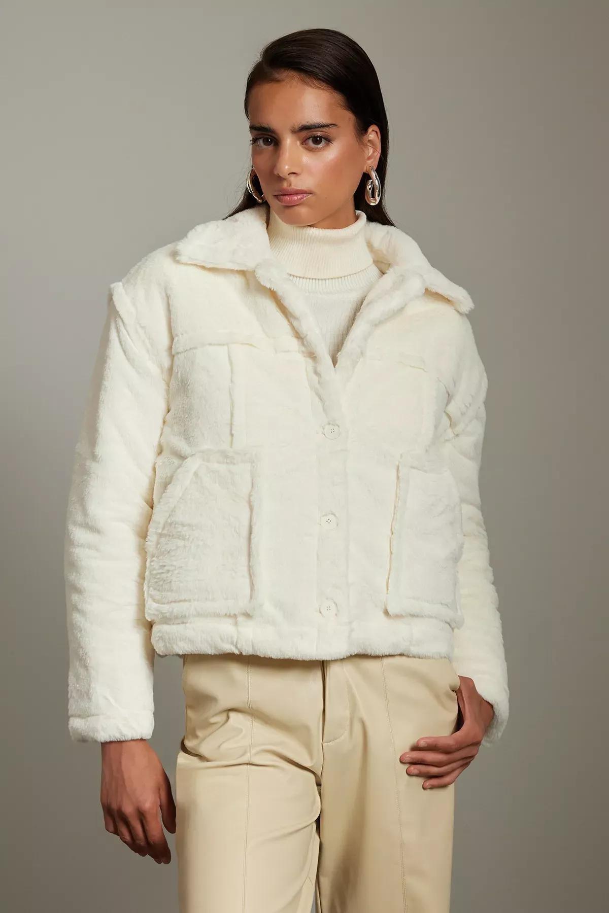 Beige Quilted Plush Oversize Coat, Ecru, medium