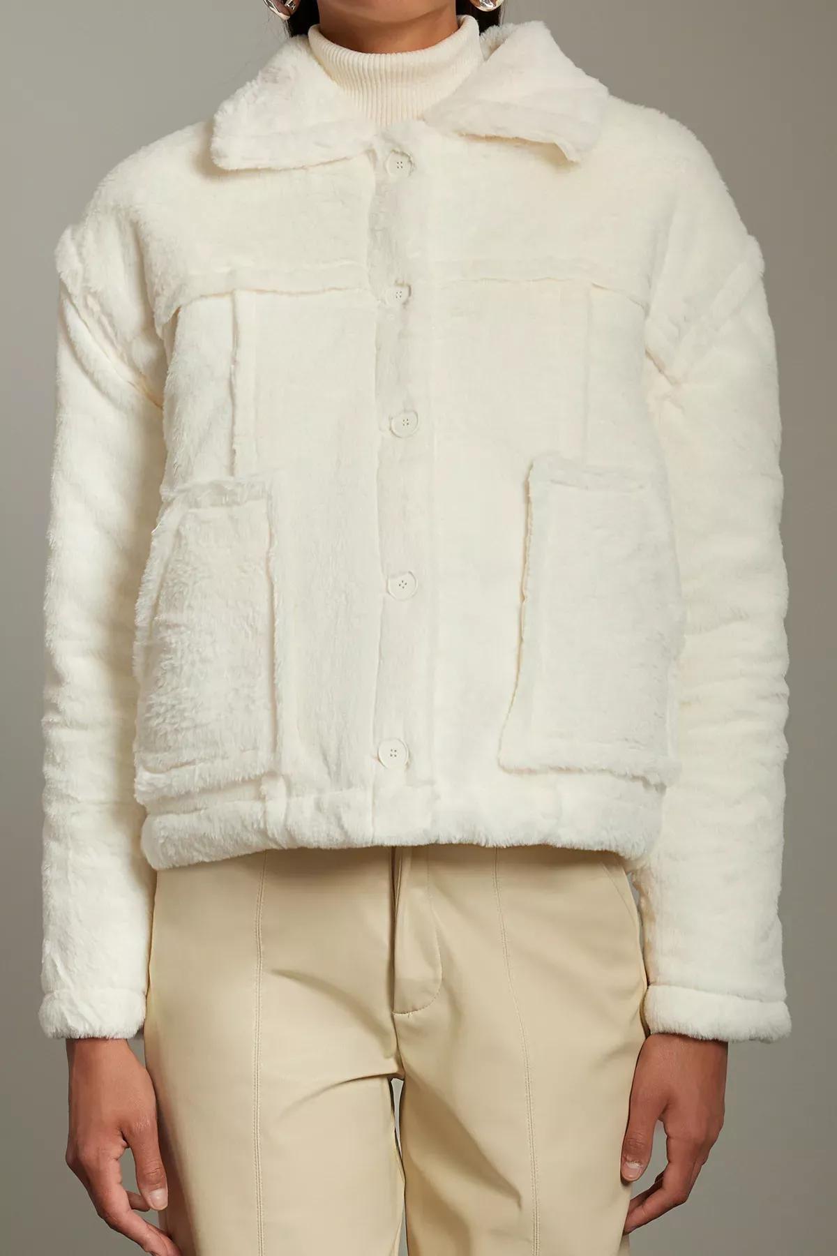 Beige Quilted Plush Oversize Coat, Ecru, large image number 2