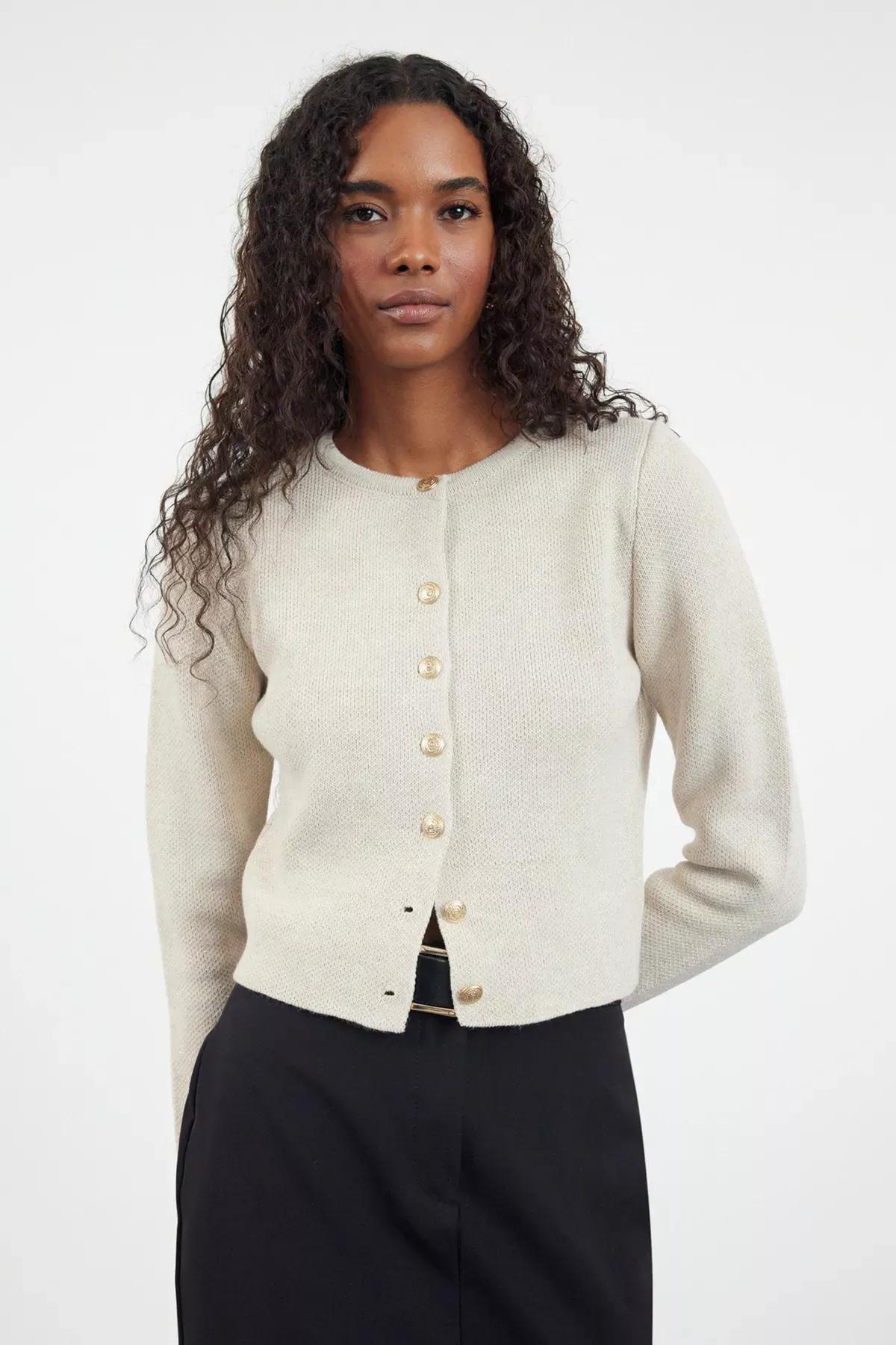 White Crop Knitted Cardigan, STONE, large image number 0
