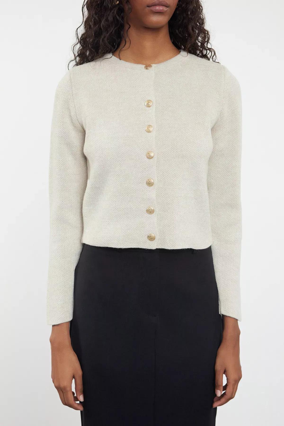 White Crop Knitted Cardigan, STONE, large image number 2