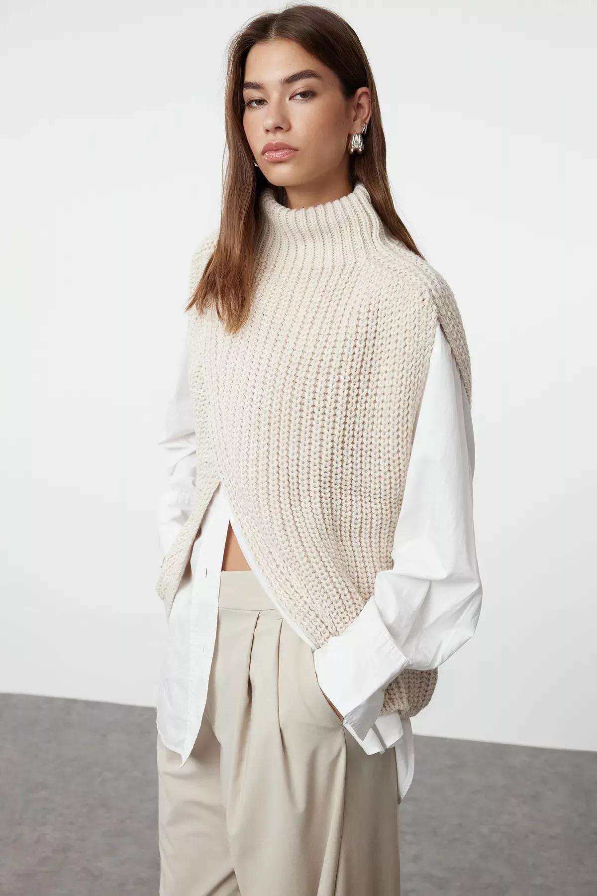 Beige-Grey Textured Asymmetric Sweater, STONE, large image number 0