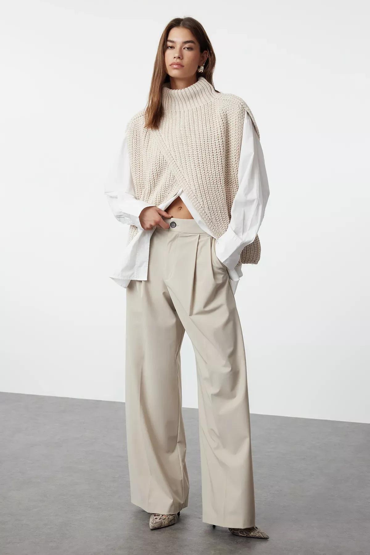 Beige-Grey Textured Asymmetric Sweater, STONE, large image number 1