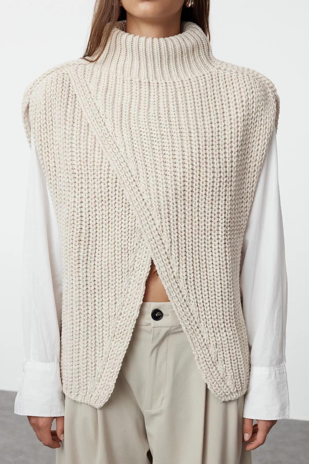 Beige-Grey Textured Asymmetric Sweater, STONE, large image number 2