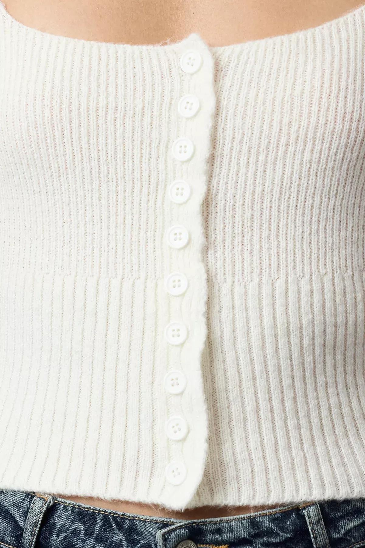 Beige Crop Square Neck Knit Cardigan, Ecru, large image number 2