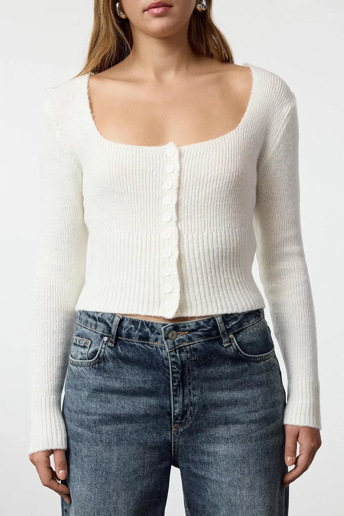 Beige Crop Square Neck Knit Cardigan, Ecru, large image number 3