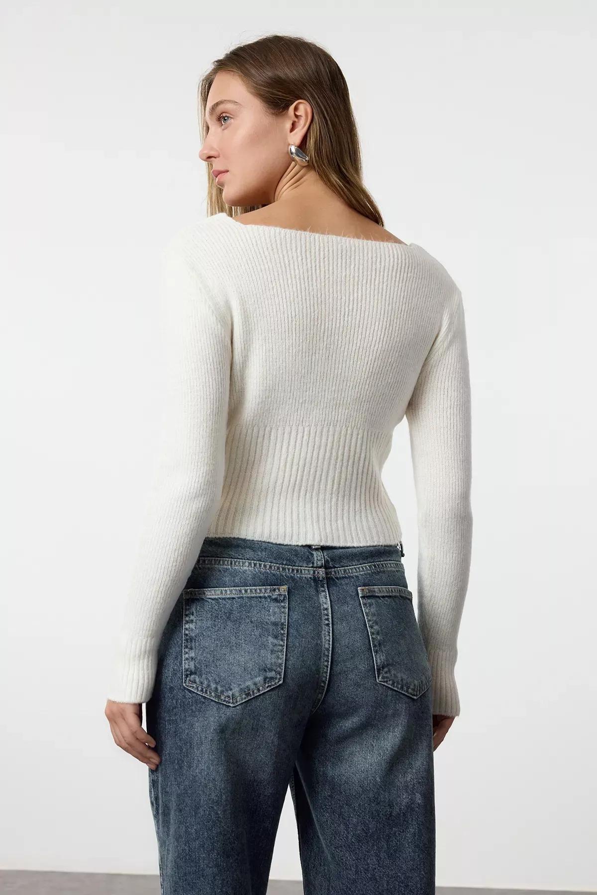 Beige Crop Square Neck Knit Cardigan, Ecru, large image number 4
