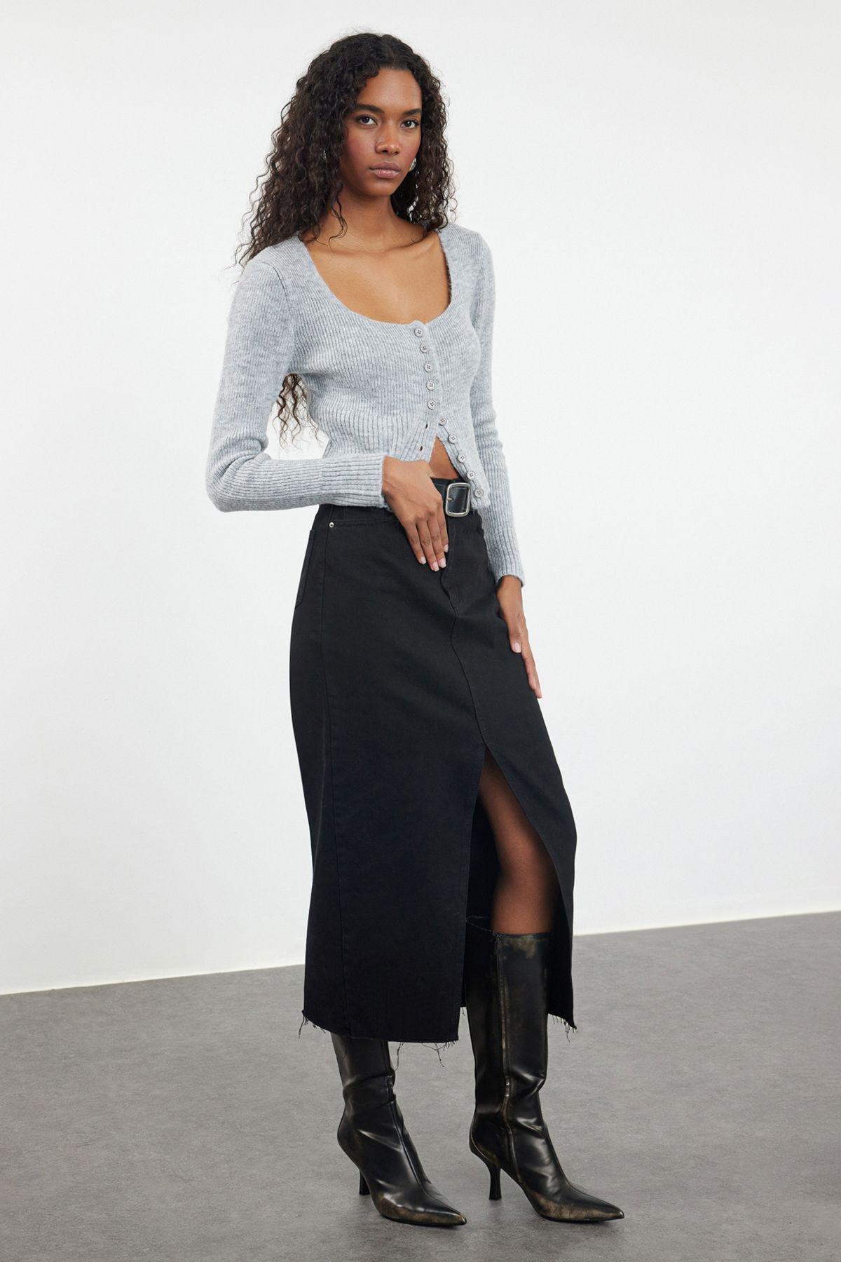 Gray Crop Square Collar Knitwear Cardigan TWOAW25HI00178, Single item, , large image number 0