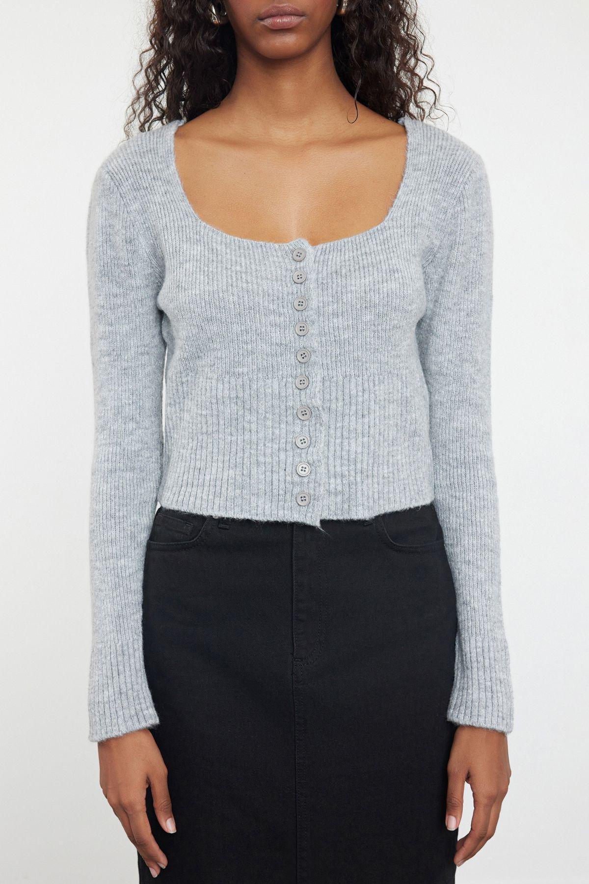 Gray Crop Square Collar Knitwear Cardigan TWOAW25HI00178, Single item, , large image number 2