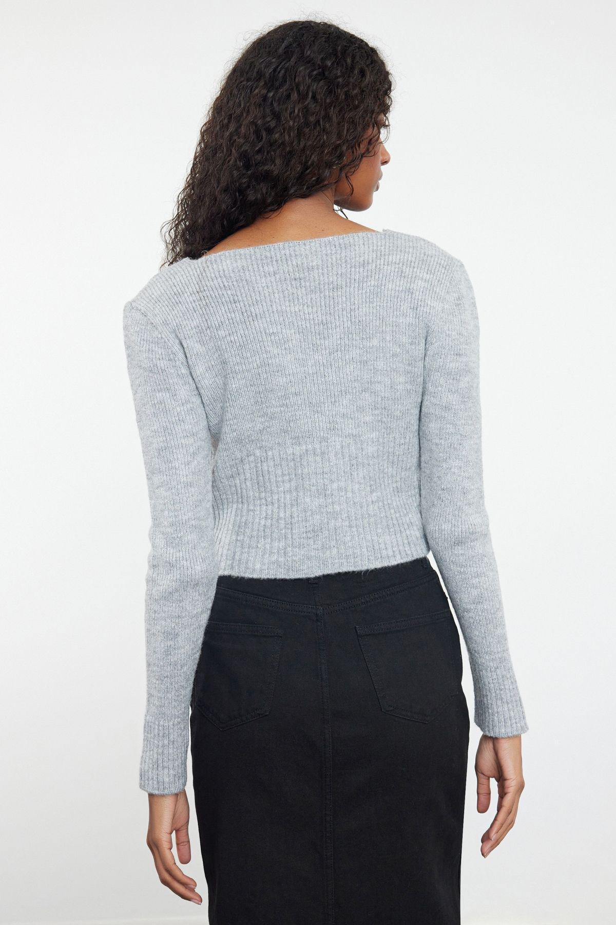 Gray Crop Square Collar Knitwear Cardigan TWOAW25HI00178, Single item, , large image number 4