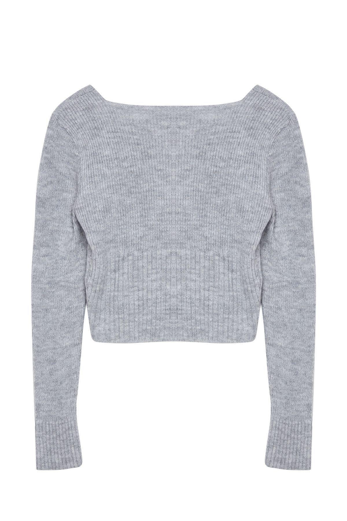 Gray Crop Square Collar Knitwear Cardigan TWOAW25HI00178, Single item, , large image number 5