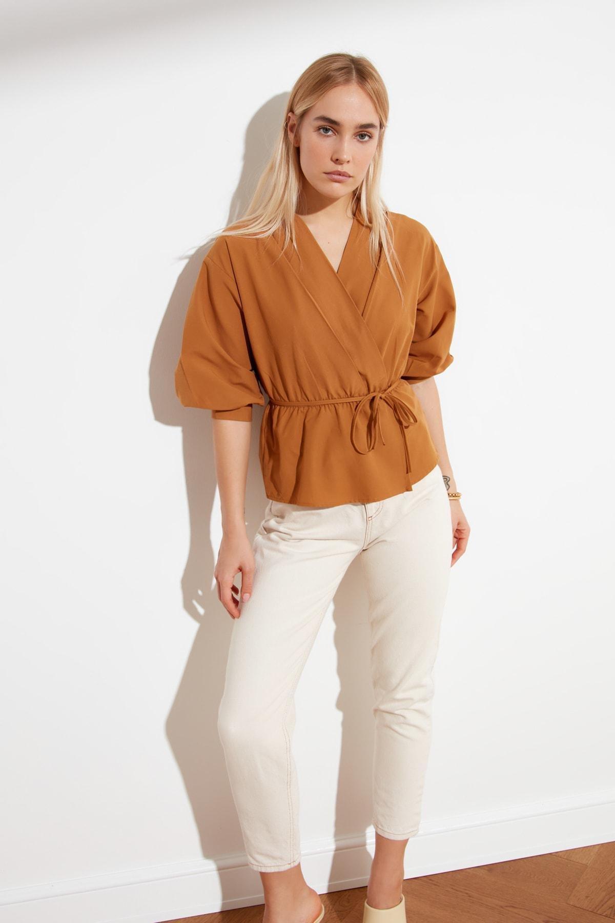 Brown Double-Breasted Regular Blouse, Brown, medium