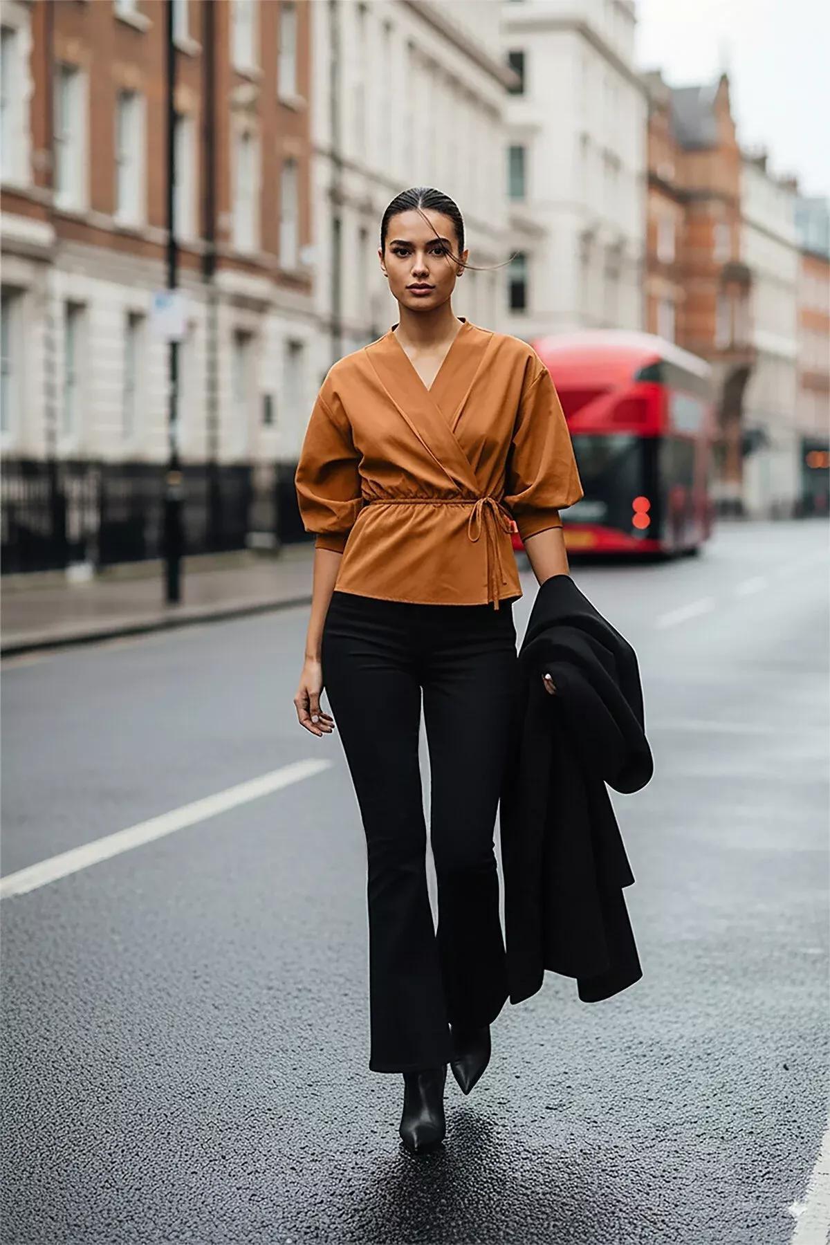 Brown Double-Breasted Regular Blouse, Brown, medium