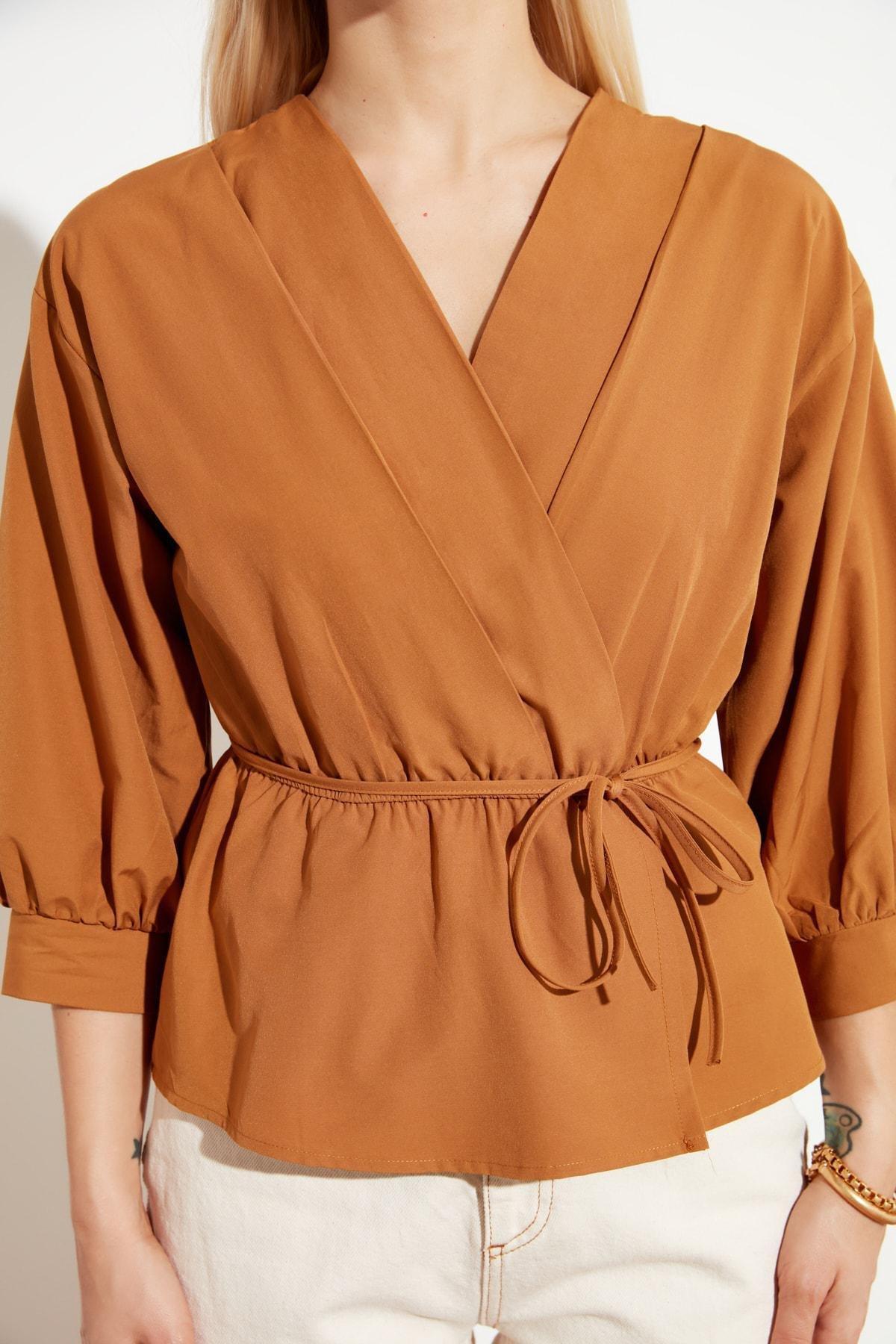 Brown Double-Breasted Regular Blouse, , large image number 2