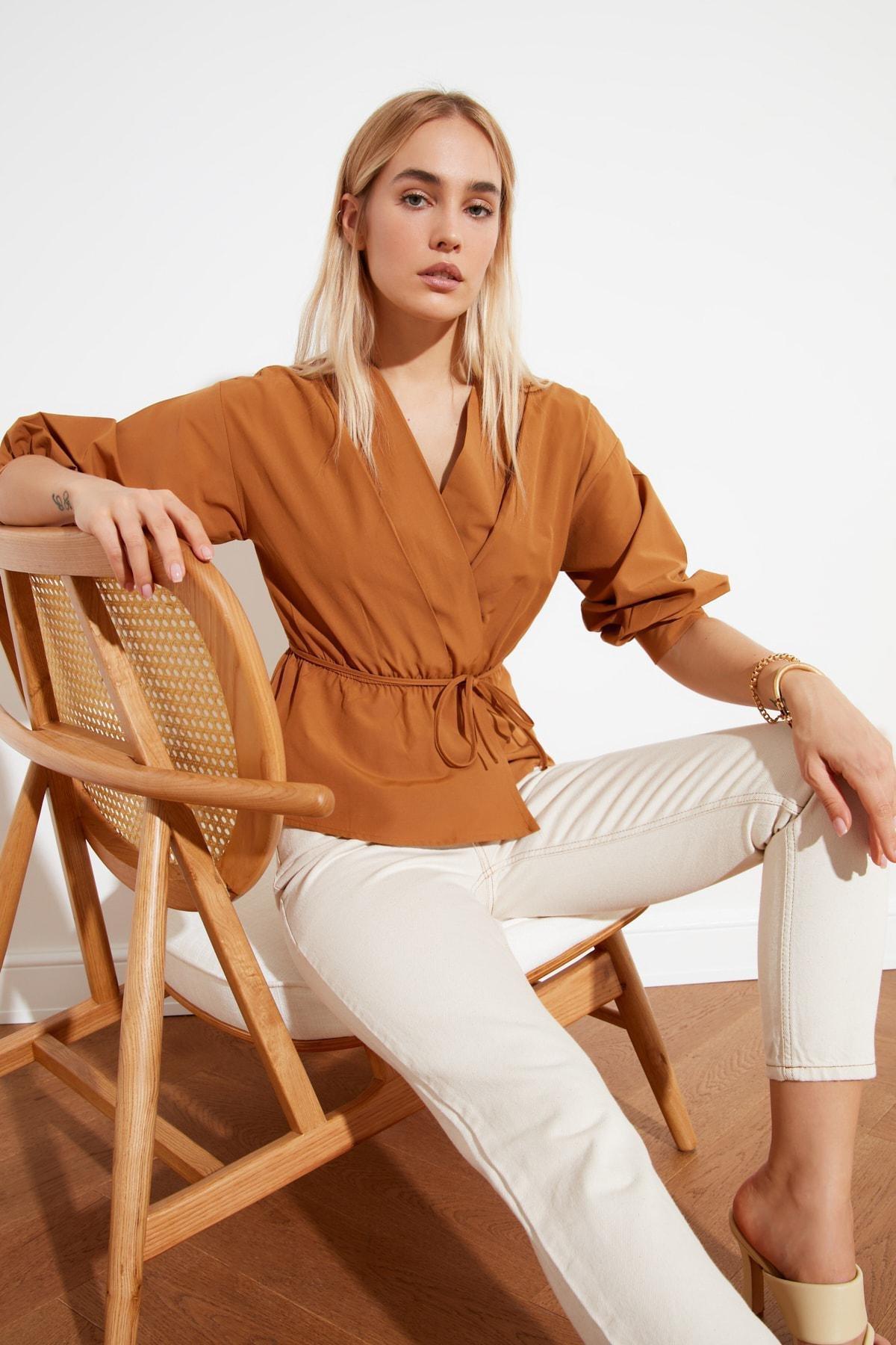 Brown Double-Breasted Regular Blouse, Brown, medium