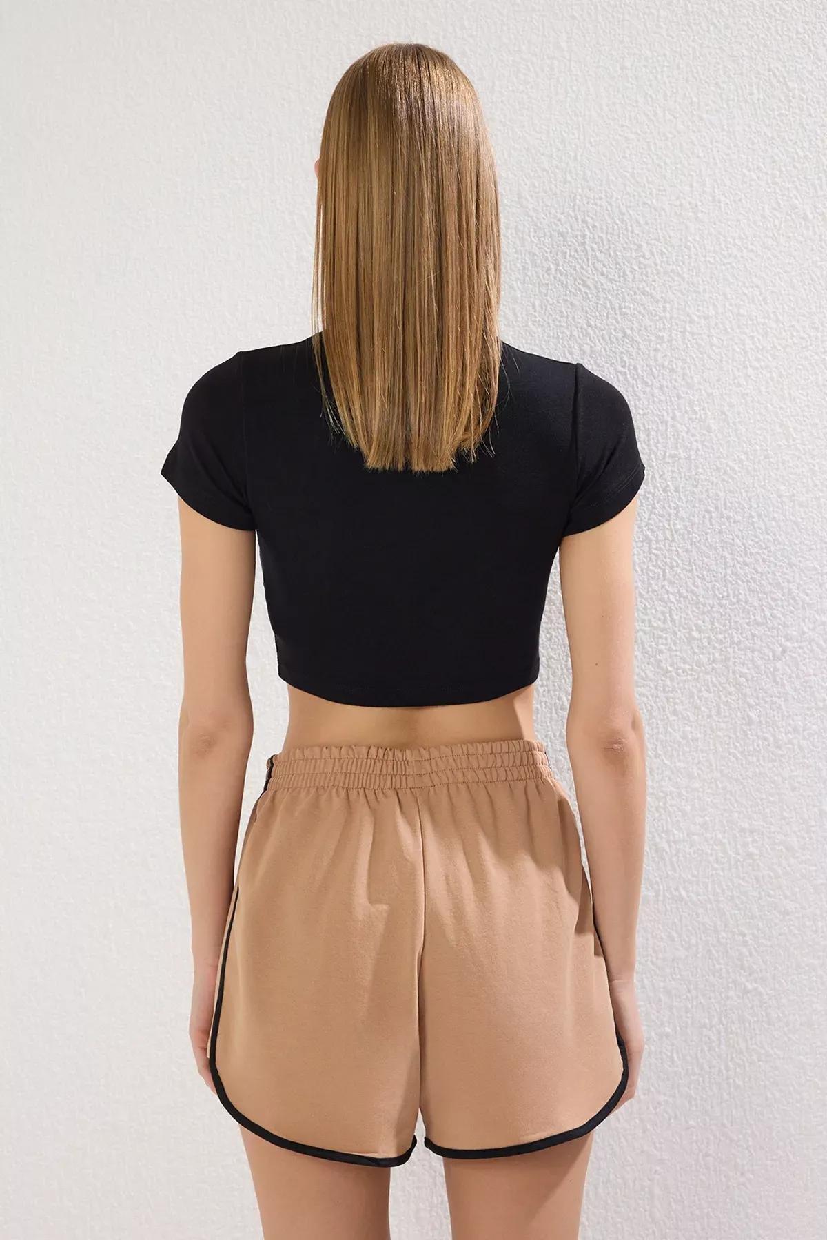 Mini Brown Trimmed Knit Shorts, , large image number 3