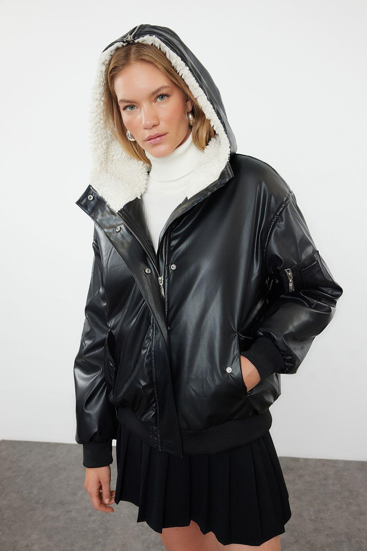 Black Oversize Pattern Hooded Plush Detailed Quilted Puffer Coat TWOAW25MO00120, , large image number 0