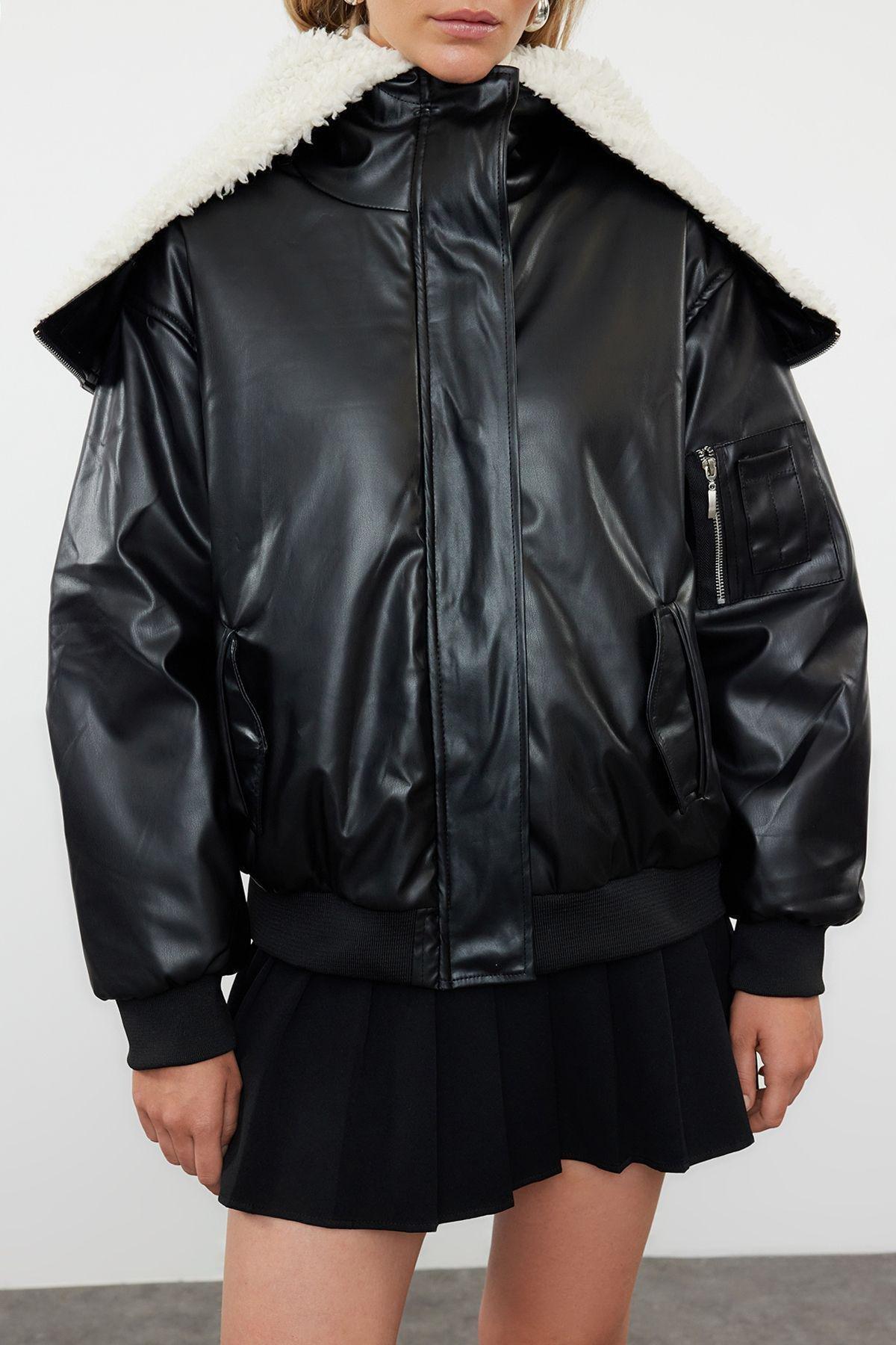 Black Oversize Pattern Hooded Plush Detailed Quilted Puffer Coat TWOAW25MO00120, , large image number 2
