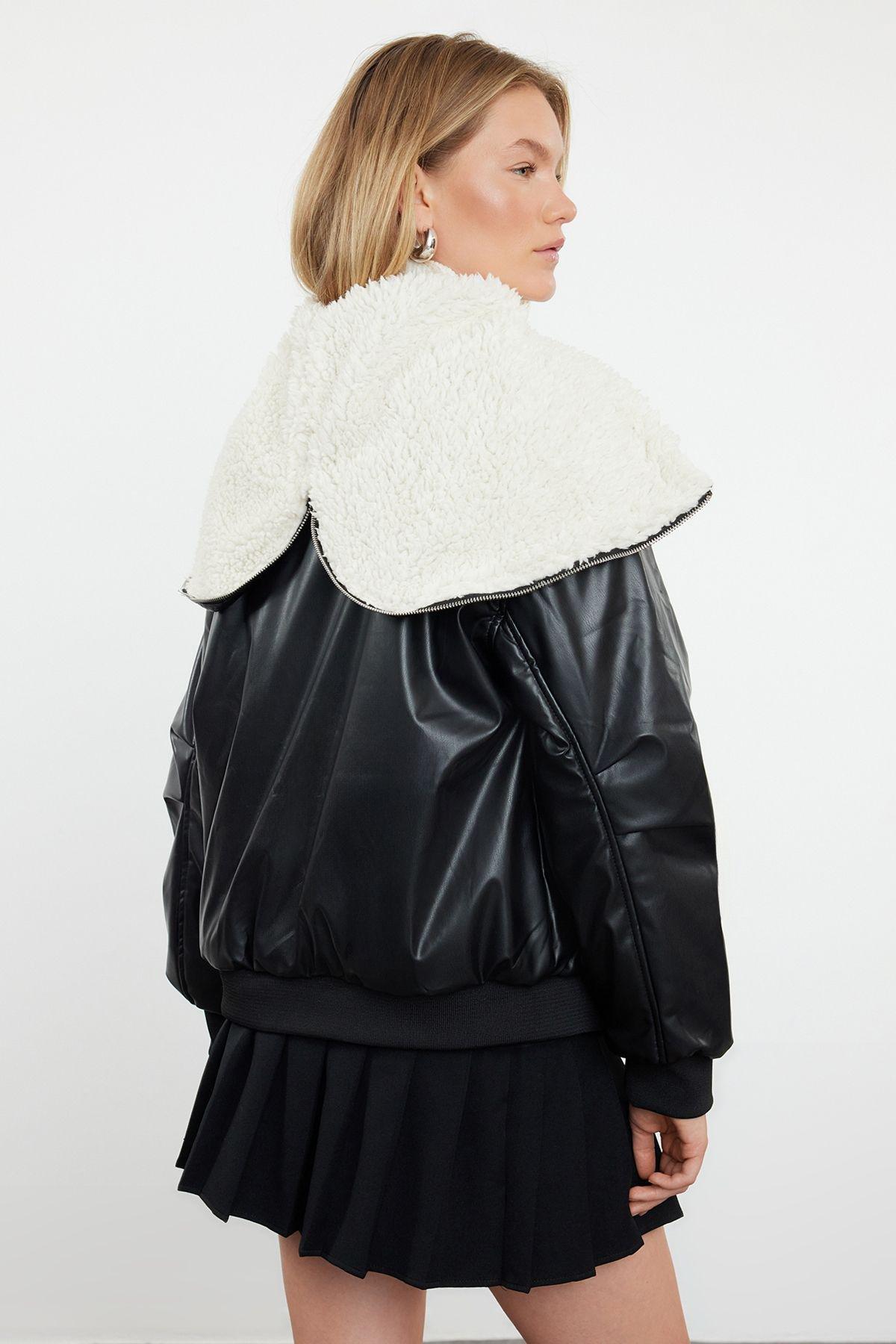 Black Oversize Pattern Hooded Plush Detailed Quilted Puffer Coat TWOAW25MO00120, , large image number 4
