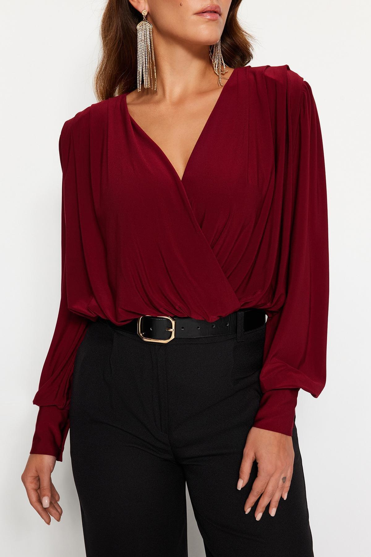 Red Wrapped Knitted Bodysuit, Burgundy, large image number 6