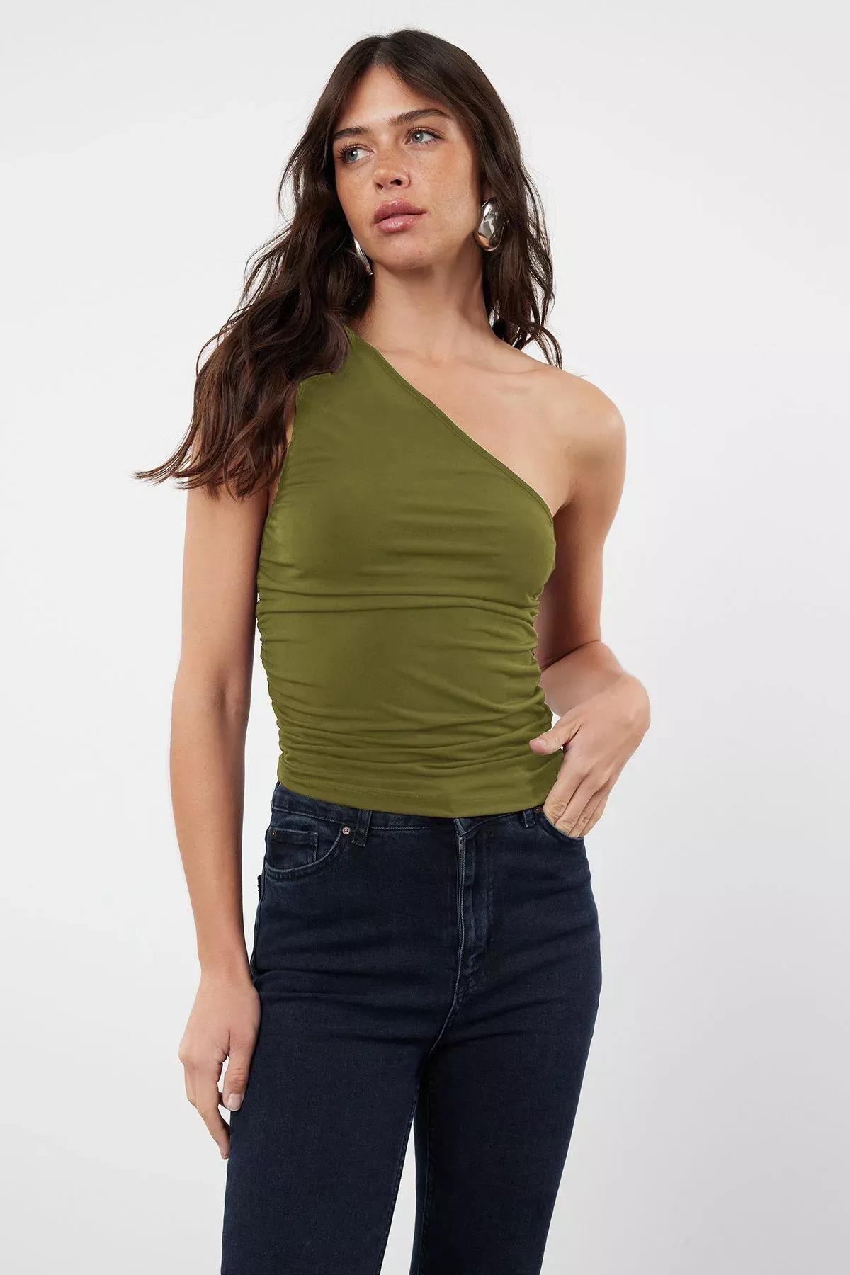 Green One Shoulder Flexible Knitted Blouse, , large image number 0