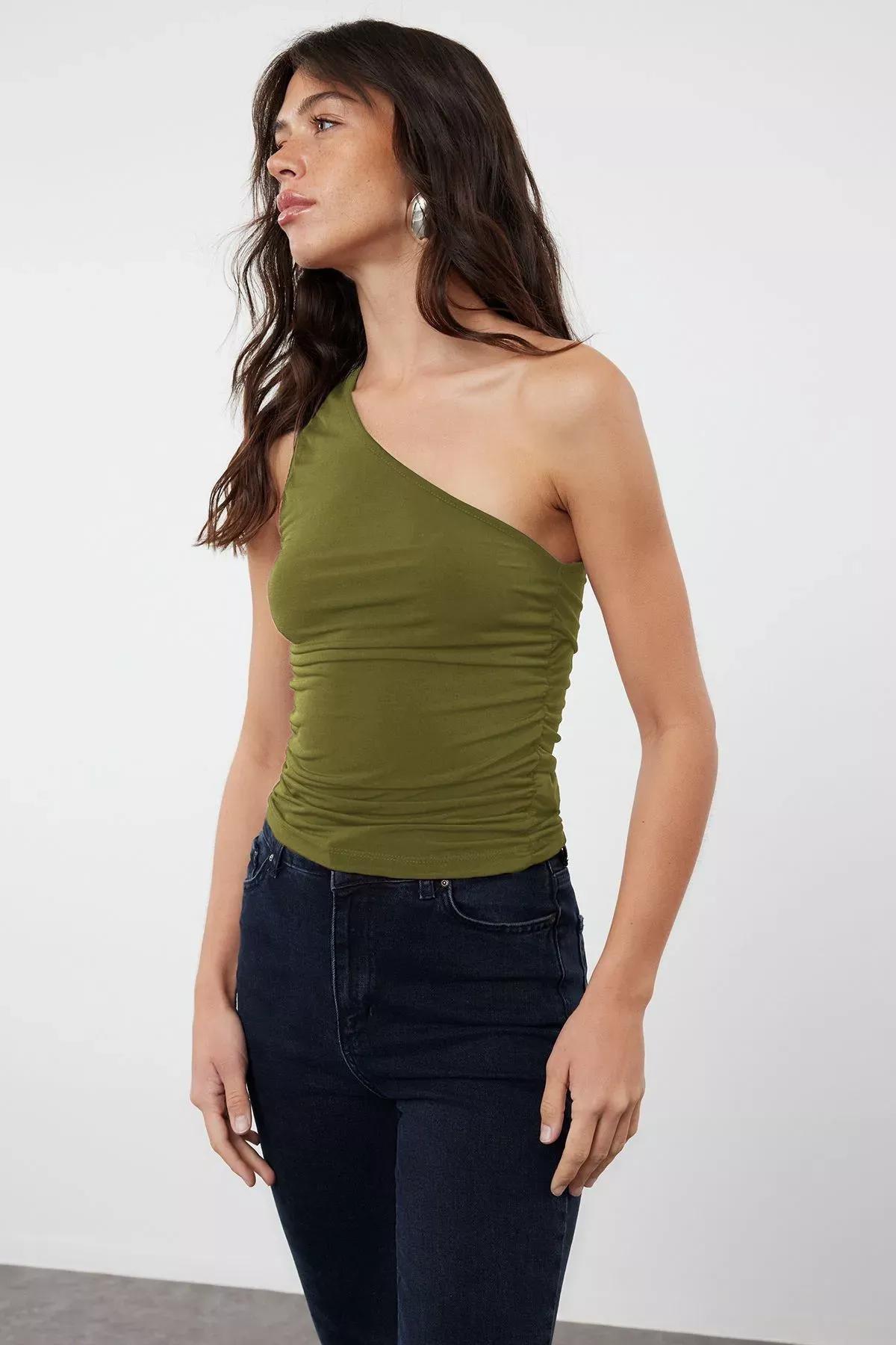 Green One Shoulder Flexible Knitted Blouse, , large image number 1