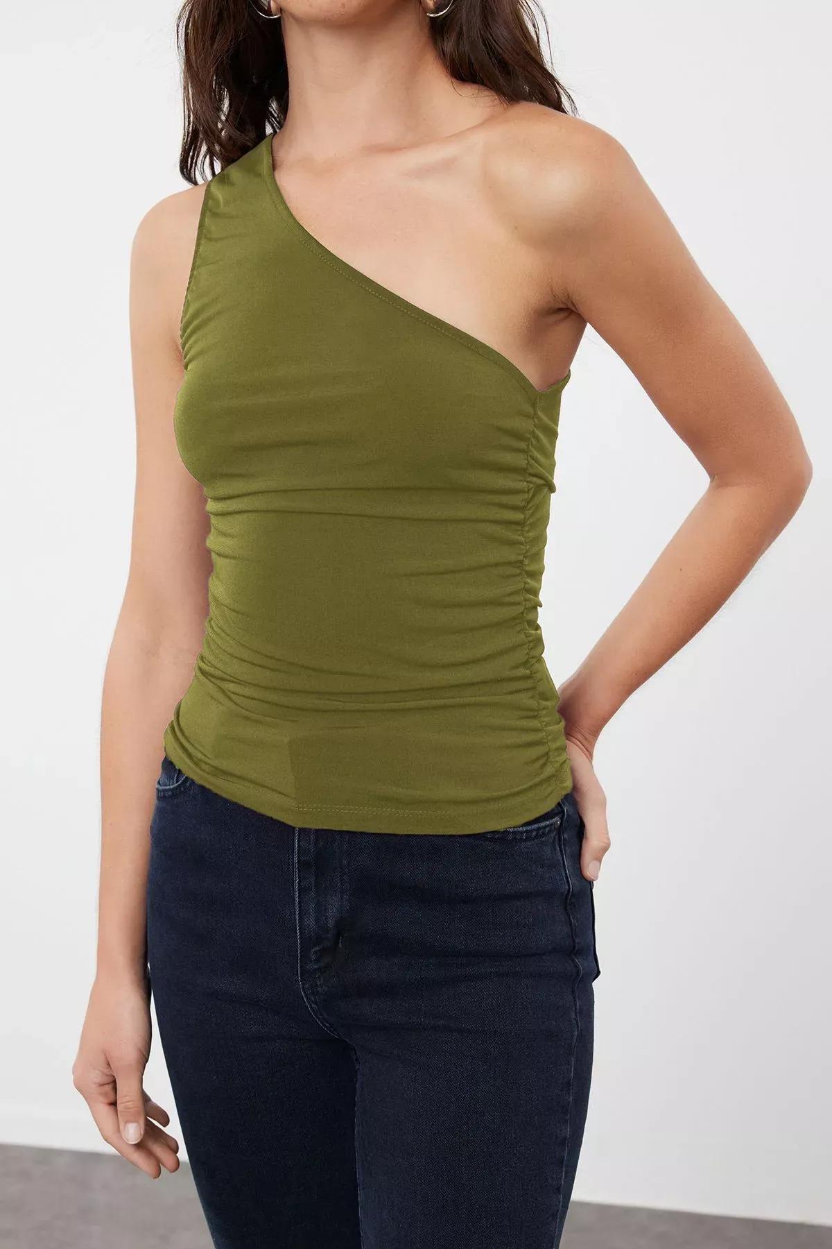 Green One Shoulder Flexible Knitted Blouse, , large image number 3