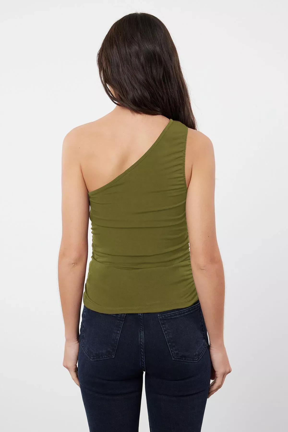 Green One Shoulder Flexible Knitted Blouse, , large image number 4