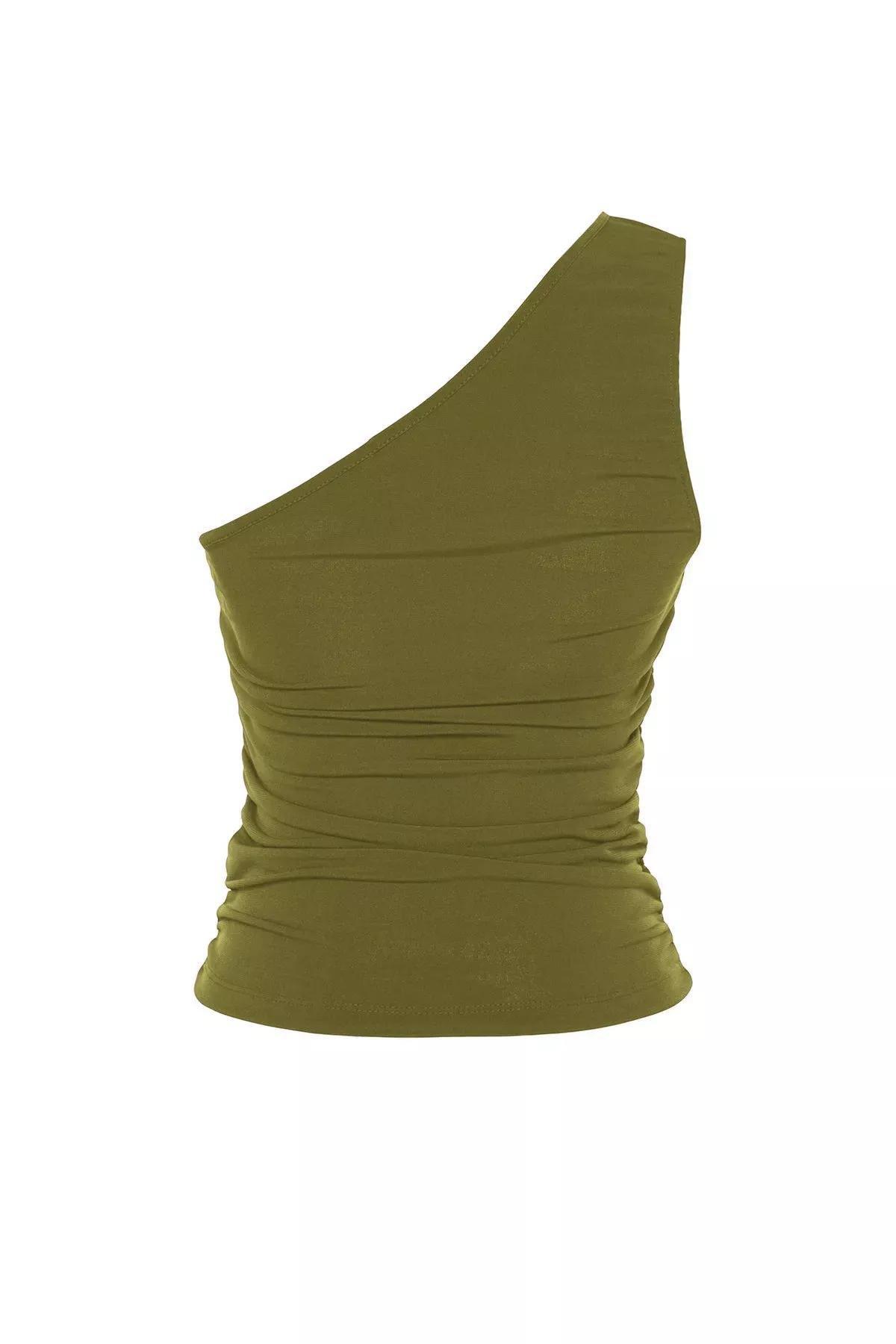 Green One Shoulder Flexible Knitted Blouse, , large image number 5