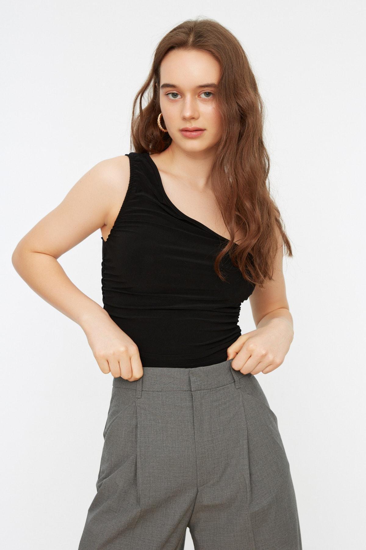 Black Asymmetrical Collar Blouse, , large image number 0