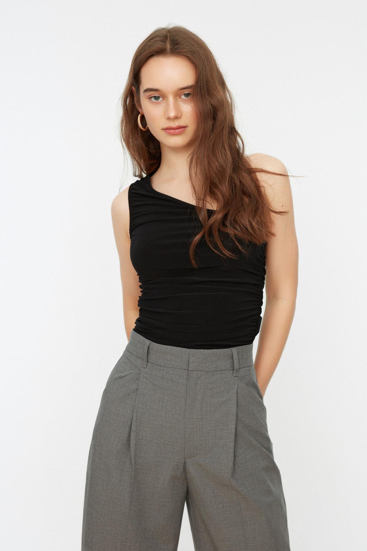Black Asymmetrical Collar Blouse, , large image number 1