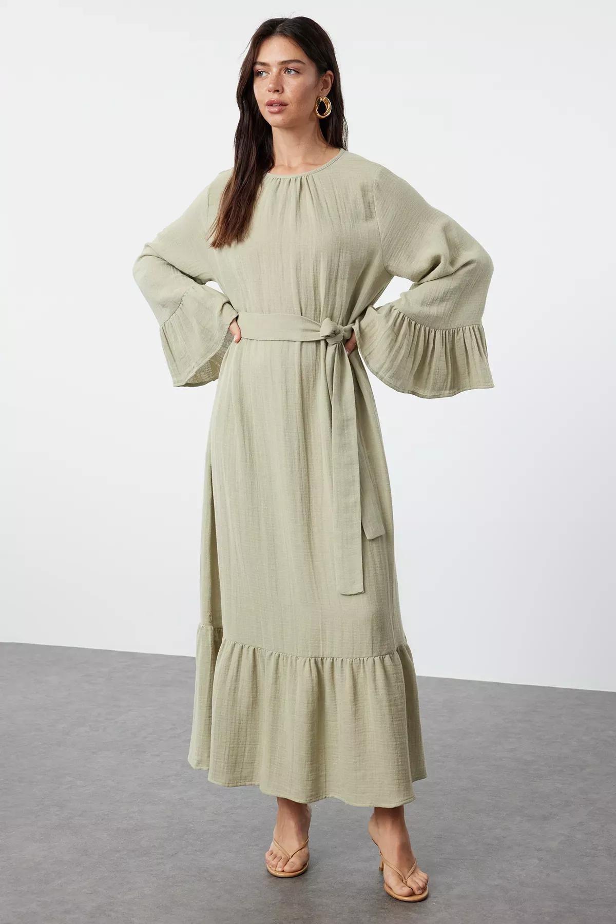 Green Ruffled Muslin Dress, Mint, large image number 0