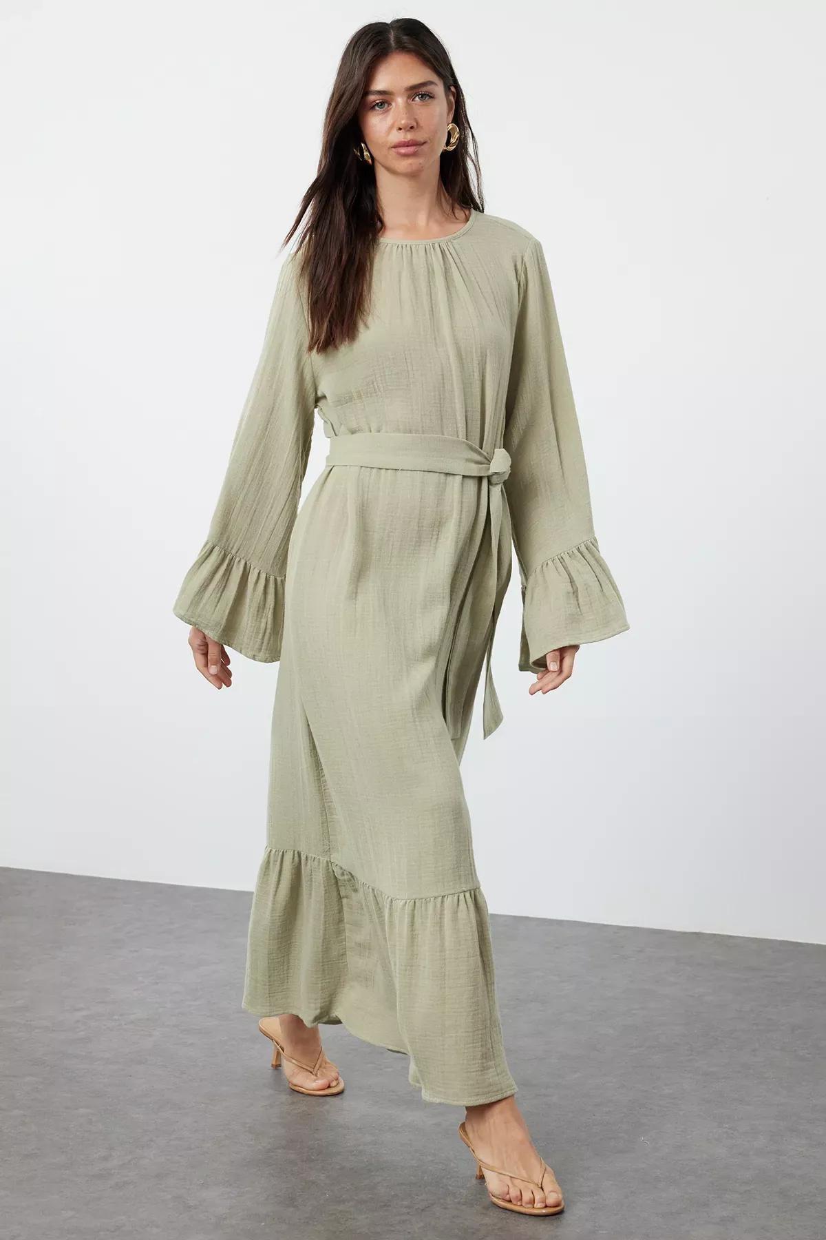 Green Ruffled Muslin Dress, Mint, large image number 1