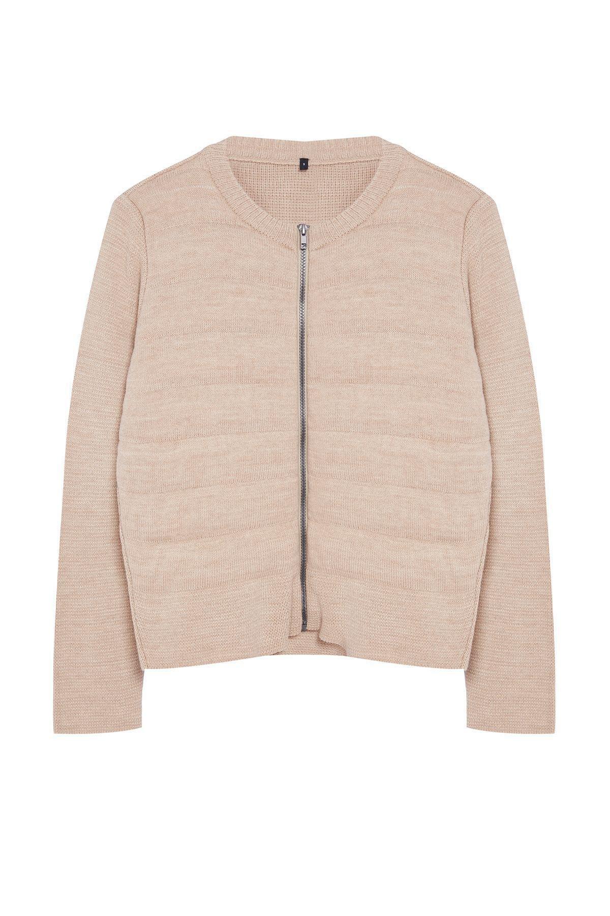 Beige Crew Neck Zippered Coat-Look Knitwear Cardigan TWOAW25HI00193, Single item, , large image number 0