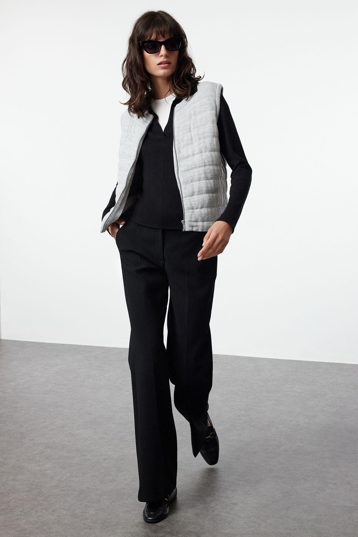 Grey Melange Zippered Crew Neck Puffer Knit Vest TWOAW25YE00020, C101_261, large image number 0