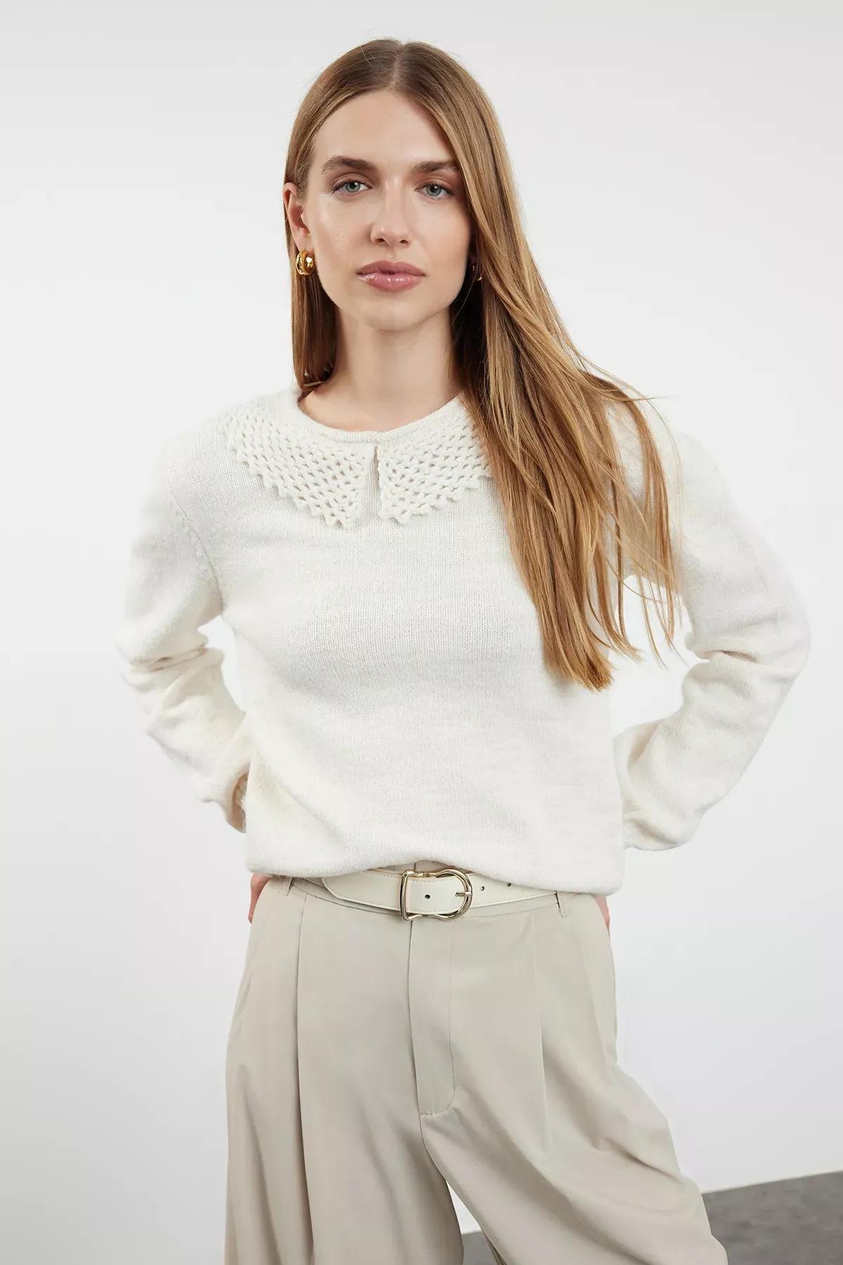 Cream Collar Knit Sweater, STONE, large image number 0