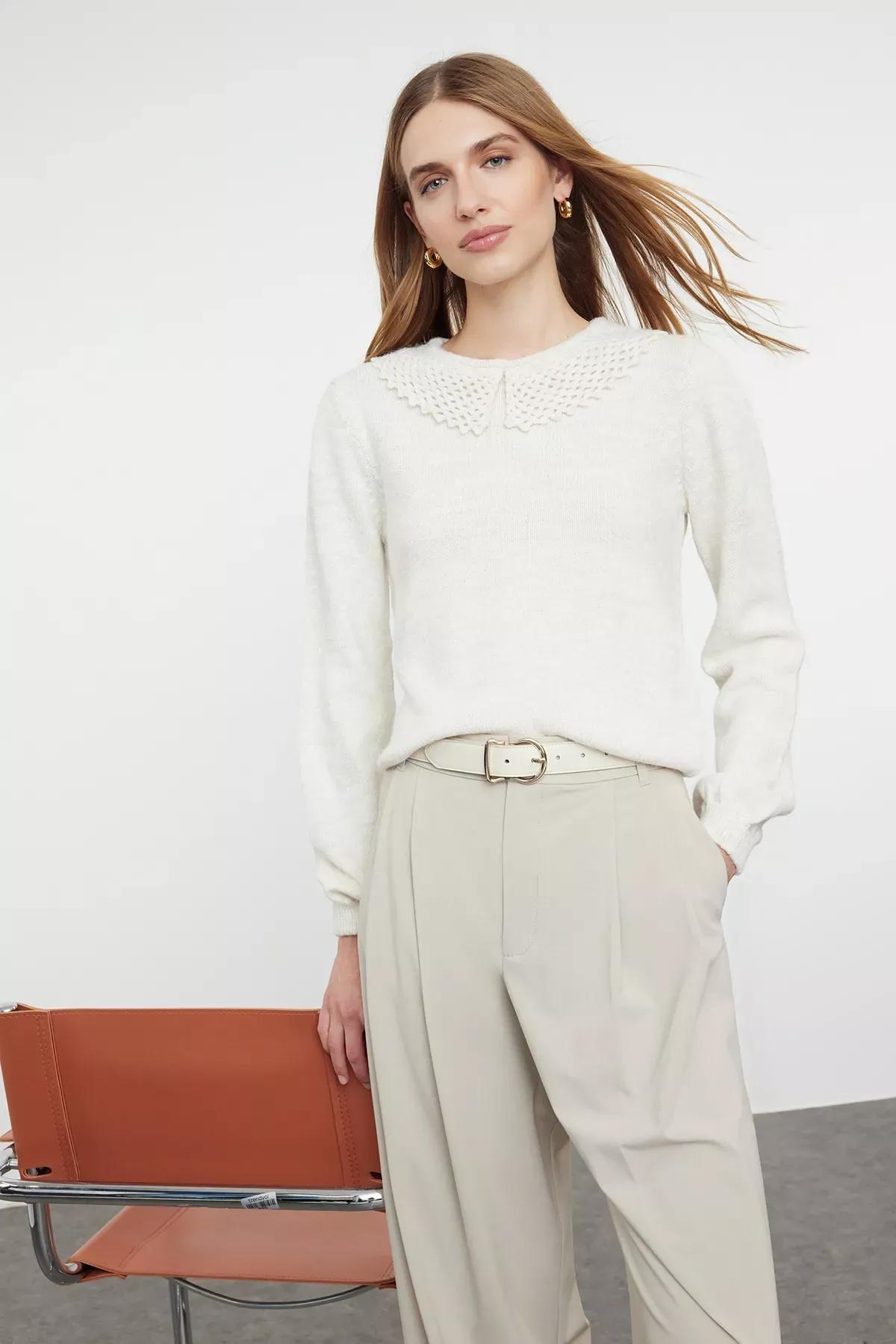 Cream Collar Knit Sweater, STONE, large image number 1