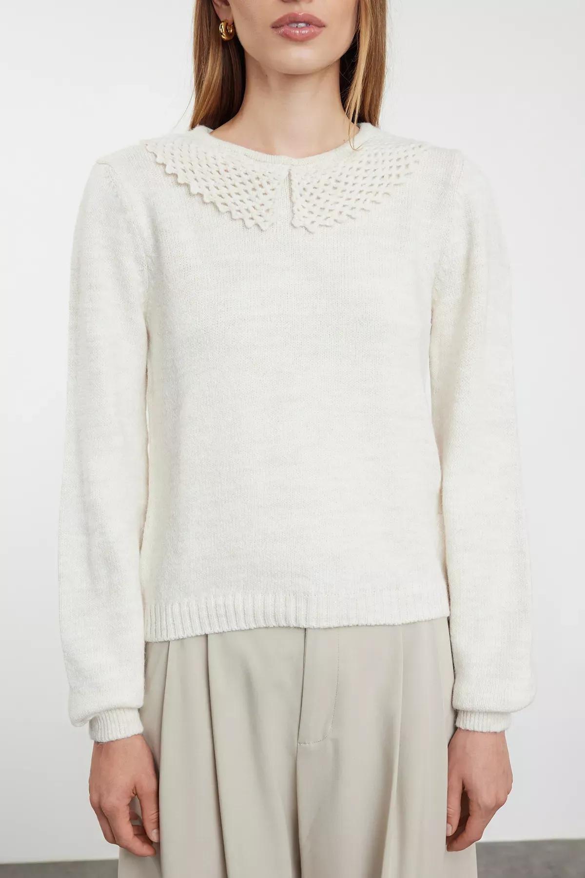 Cream Collar Knit Sweater, STONE, large image number 2