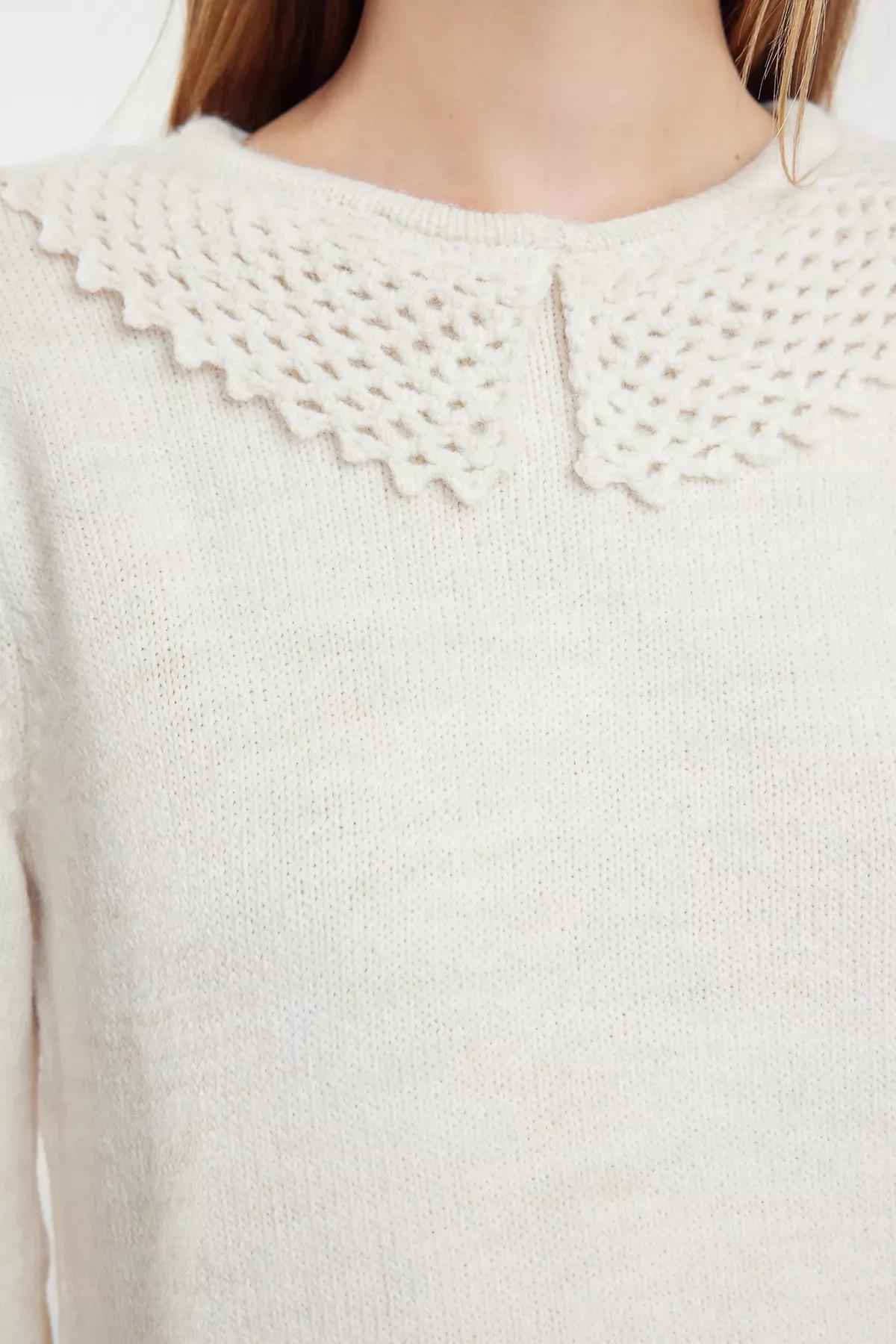 Cream Collar Knit Sweater, STONE, large image number 3