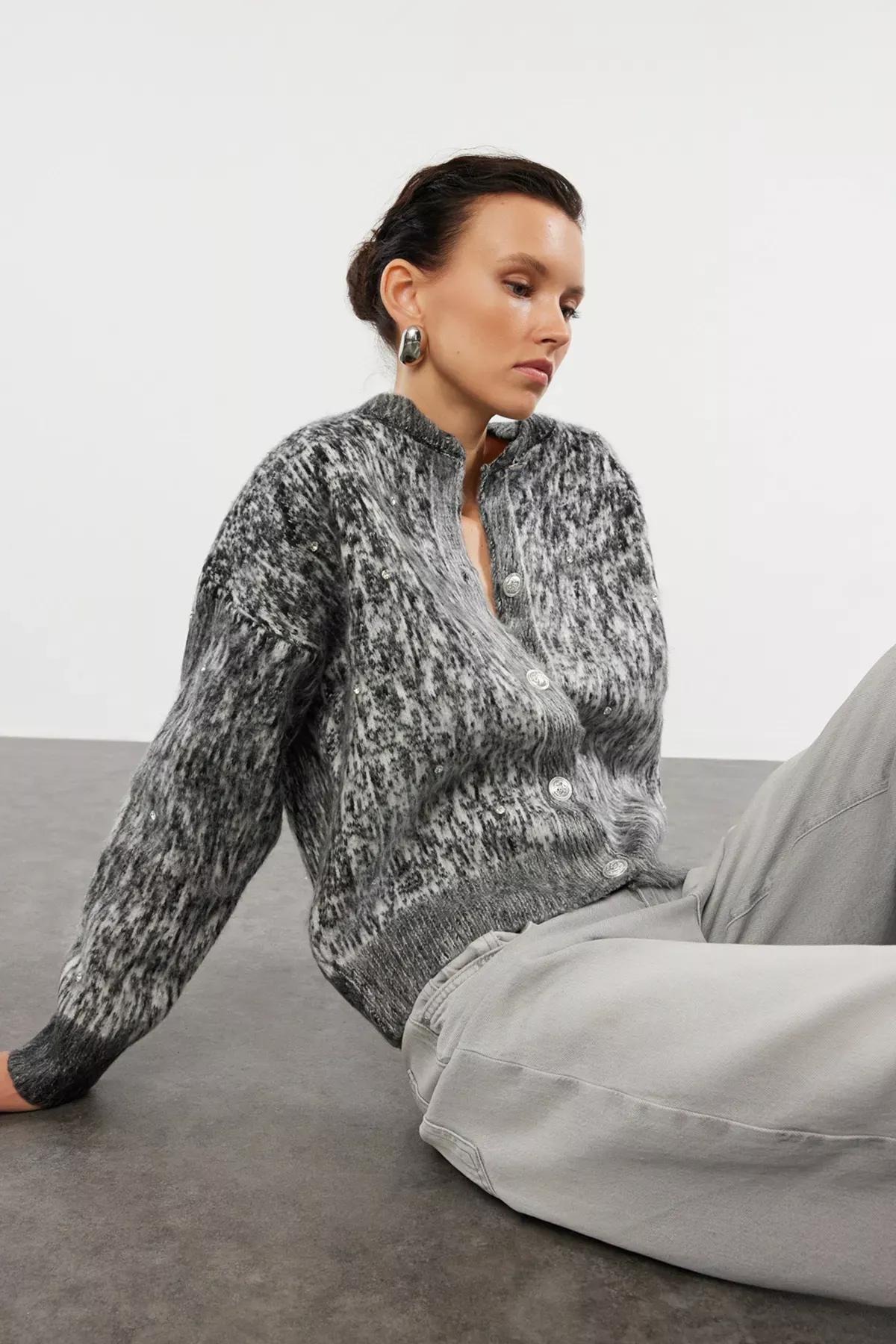 Grey Textured Knit Jacket Cardigan, , large image number 0