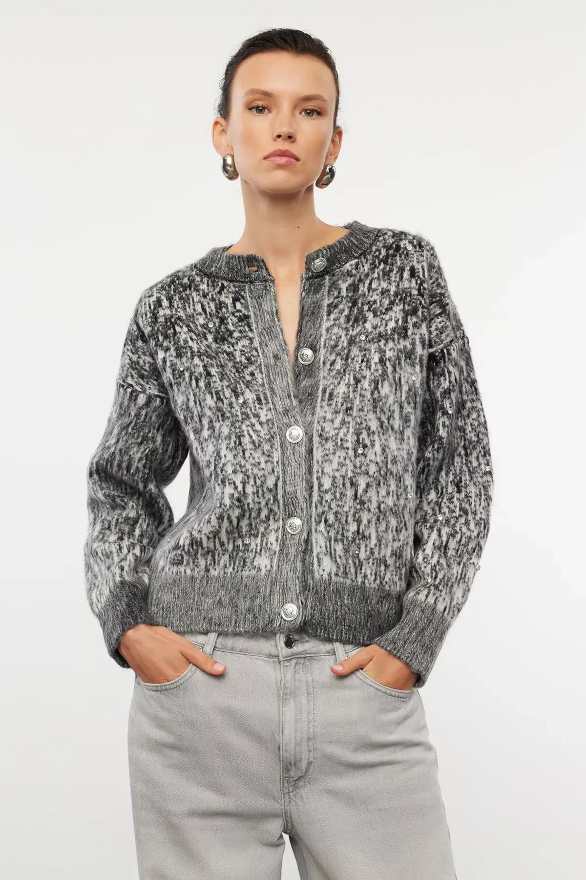 Grey Textured Knit Jacket Cardigan, , large image number 1
